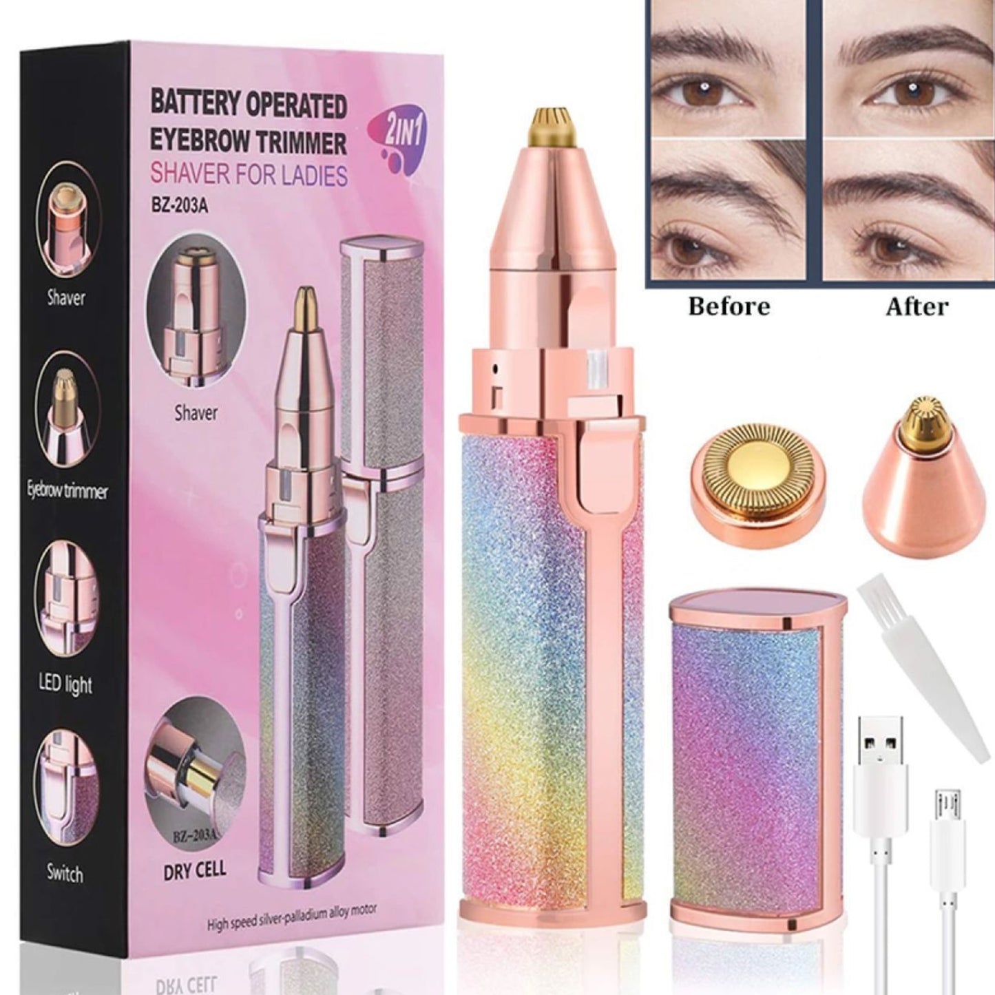 2-in-1 Ladies Eyebrow Trimmer & Face Shaver - Glitter Rainbow Design (USB Rechargeable)