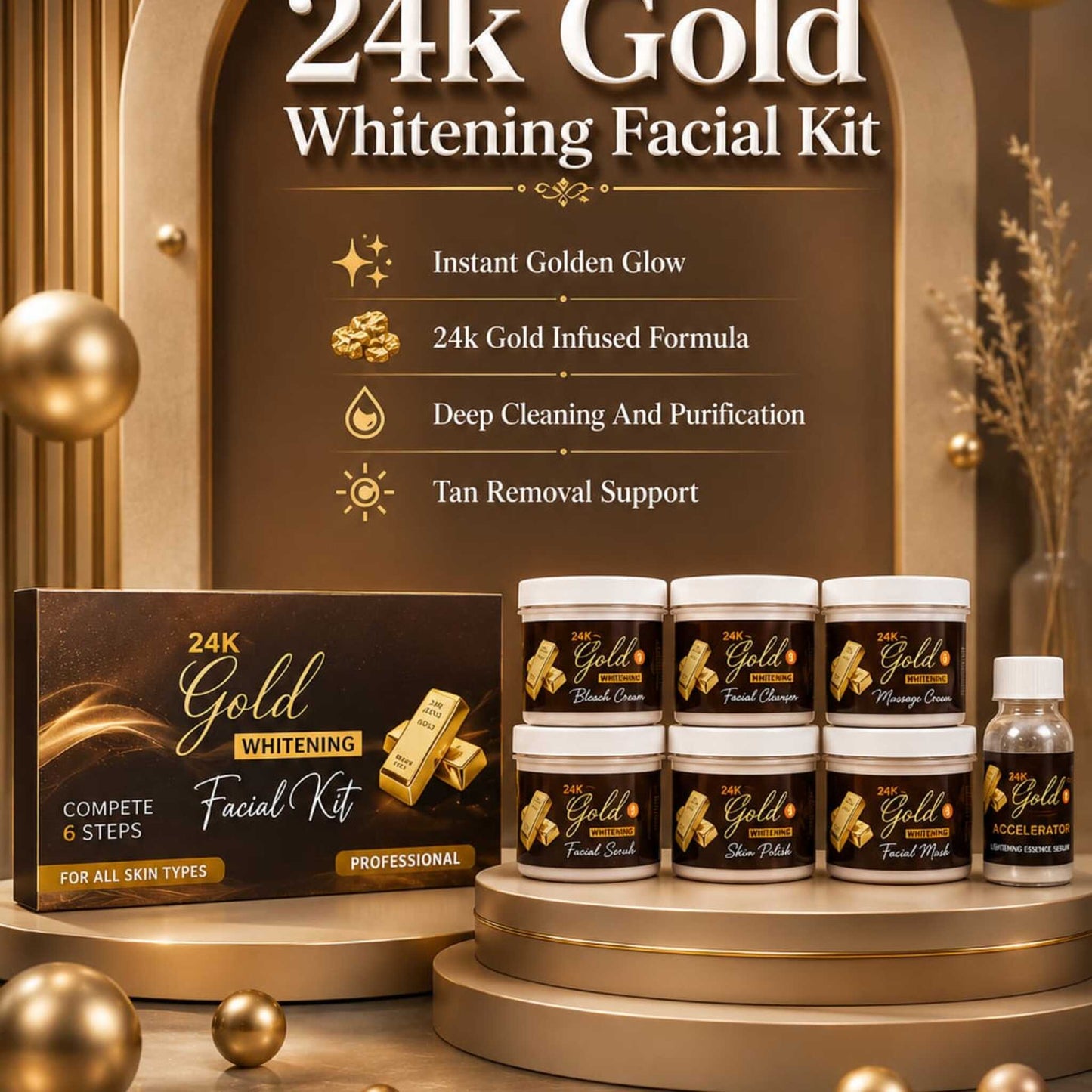 24k Gold Whitening Facial Kit - Complete 6 Steps Glow Routine