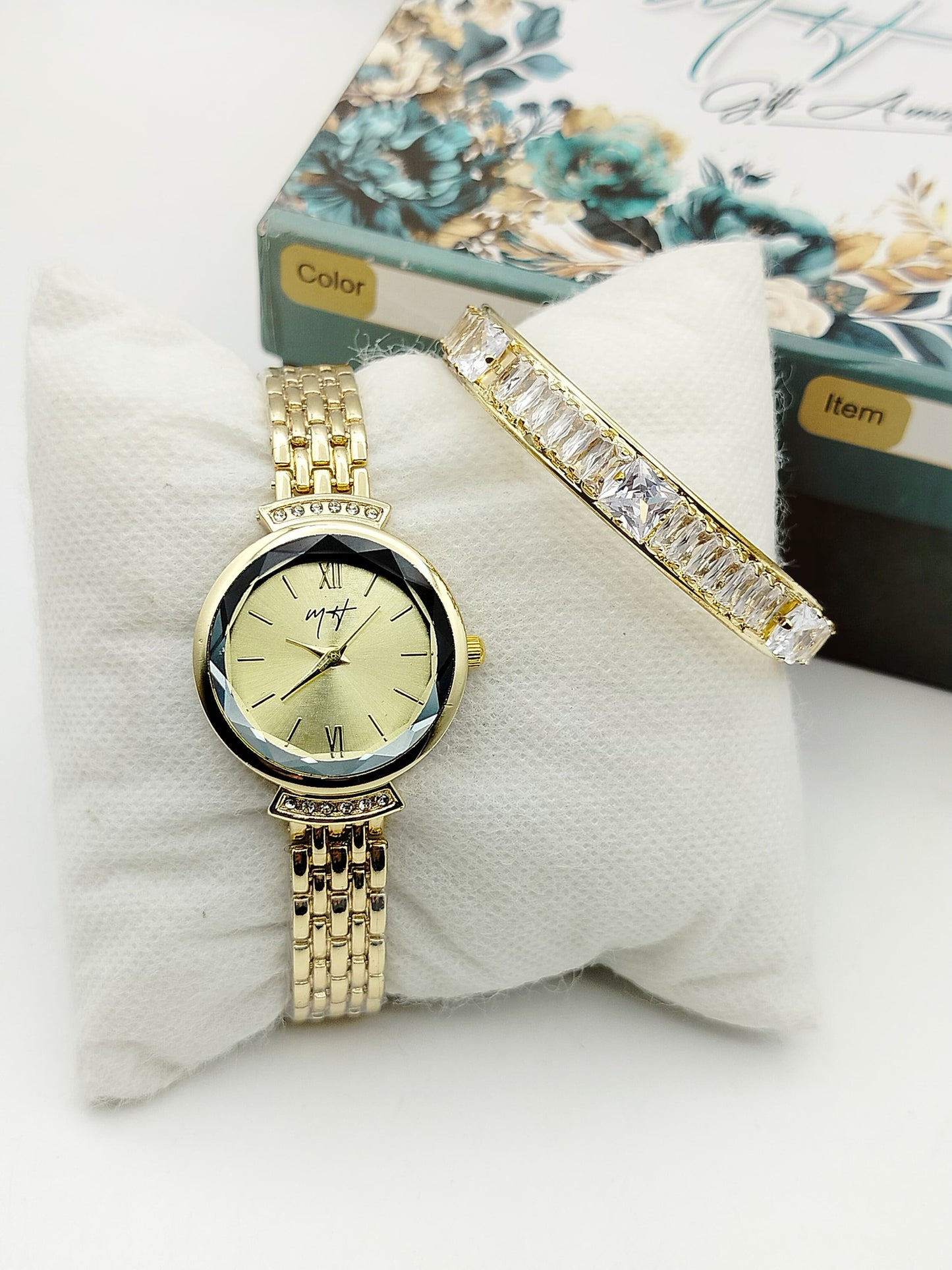 Ladies Golden Quartz Watch & Zirconia Bangle Gift Combo | Zeenora
