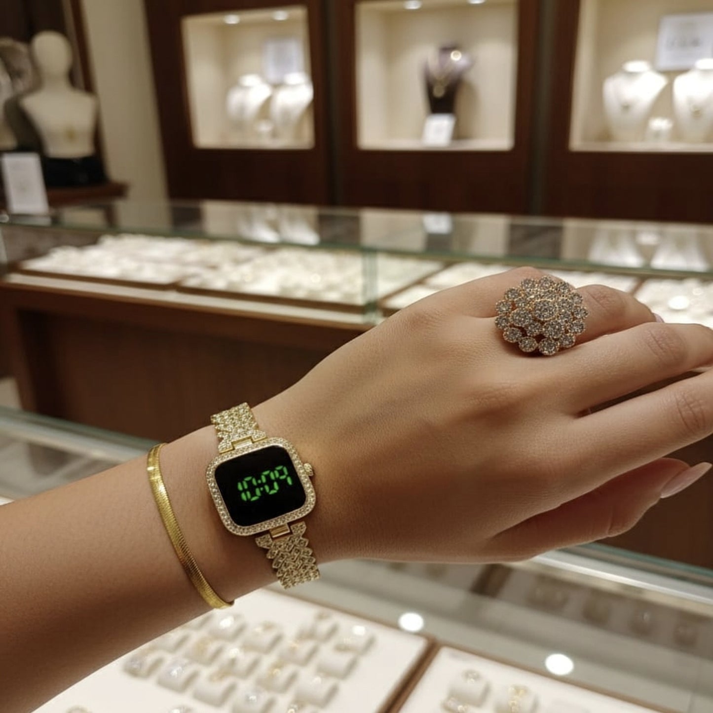 Gold Digital Watch & Statement Floral Ring Gift Set | Zeenora