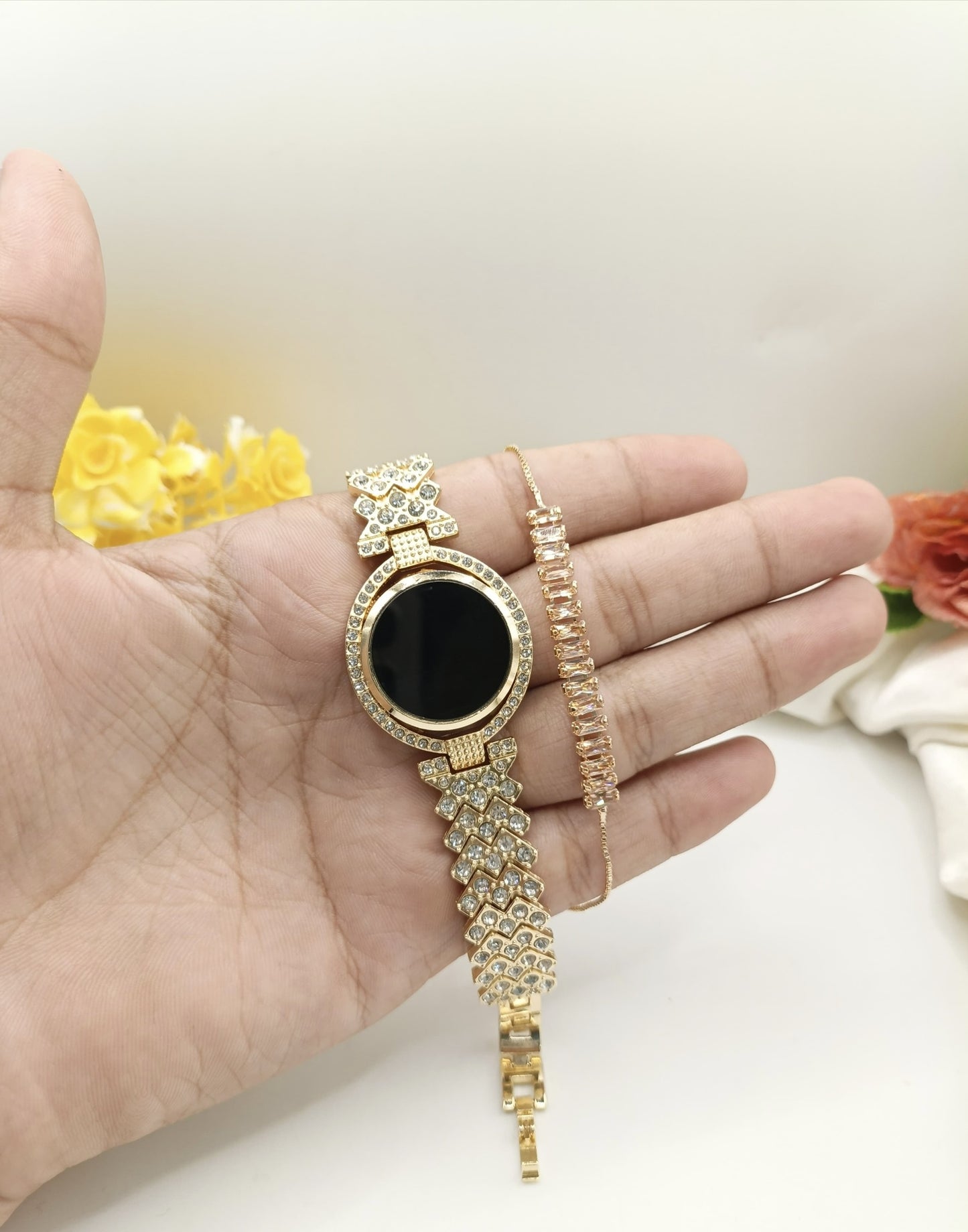 Elegant Golden Ladies Watch & Charm Bracelet Set Black Dial | Zeenora