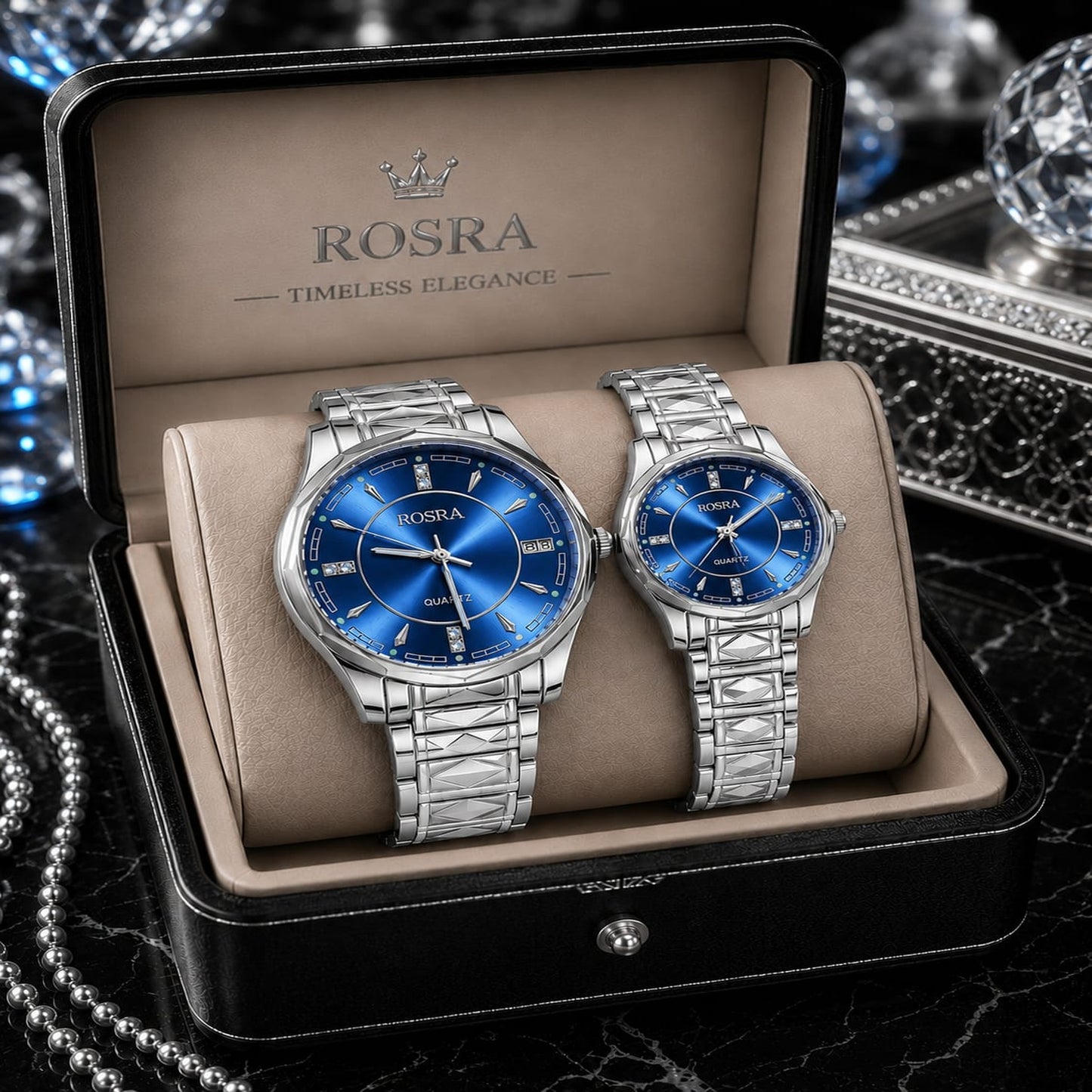 ROSRA Couple Watch Set ā Deep Blue Dial Silver Stainless Steel Quartz | Gift Box | Zeenora Pakistan