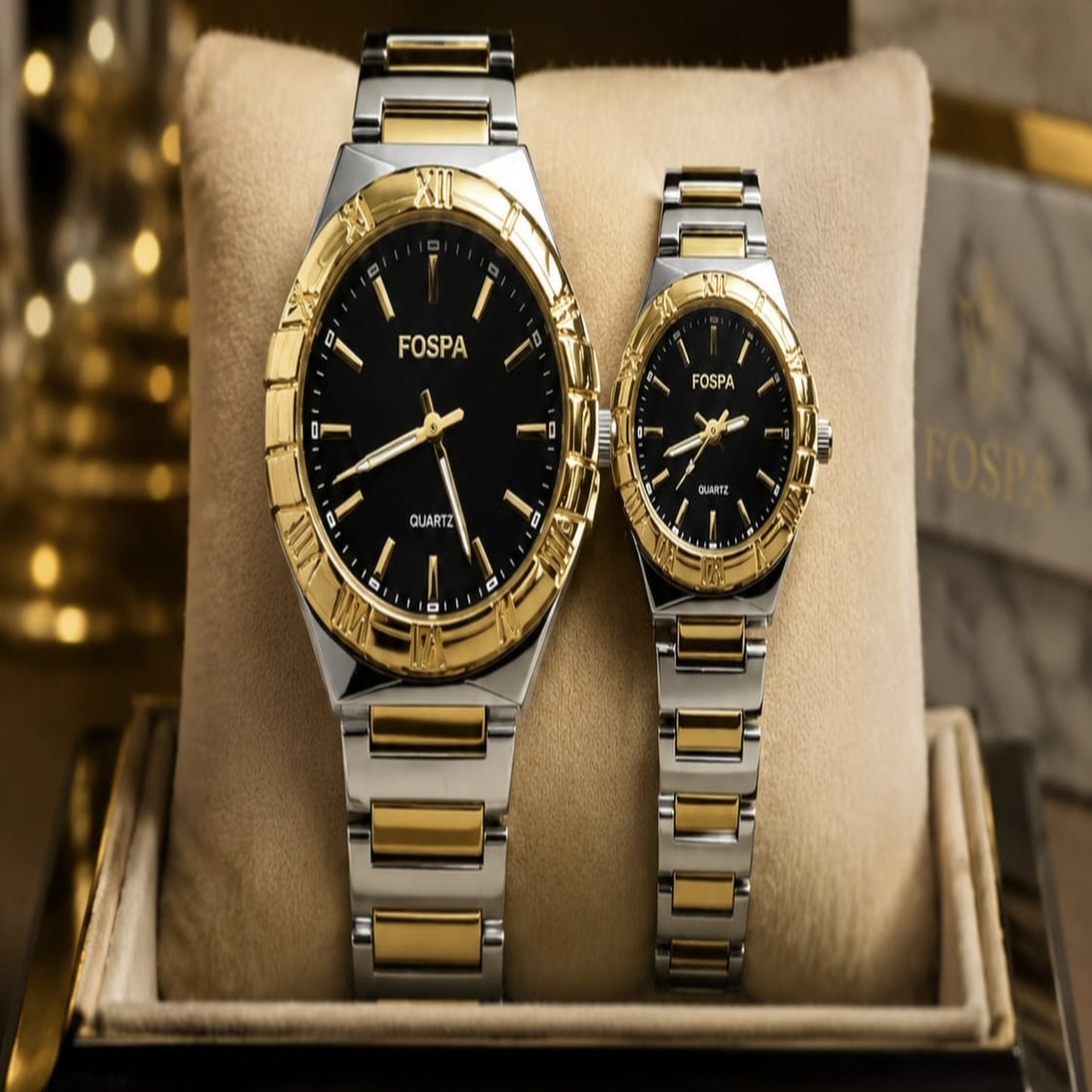 FOSPA Luxury Couple Watch Set – Premium Gold & Silver Dual-Tone Quartz Watches with Black Dial for Men
