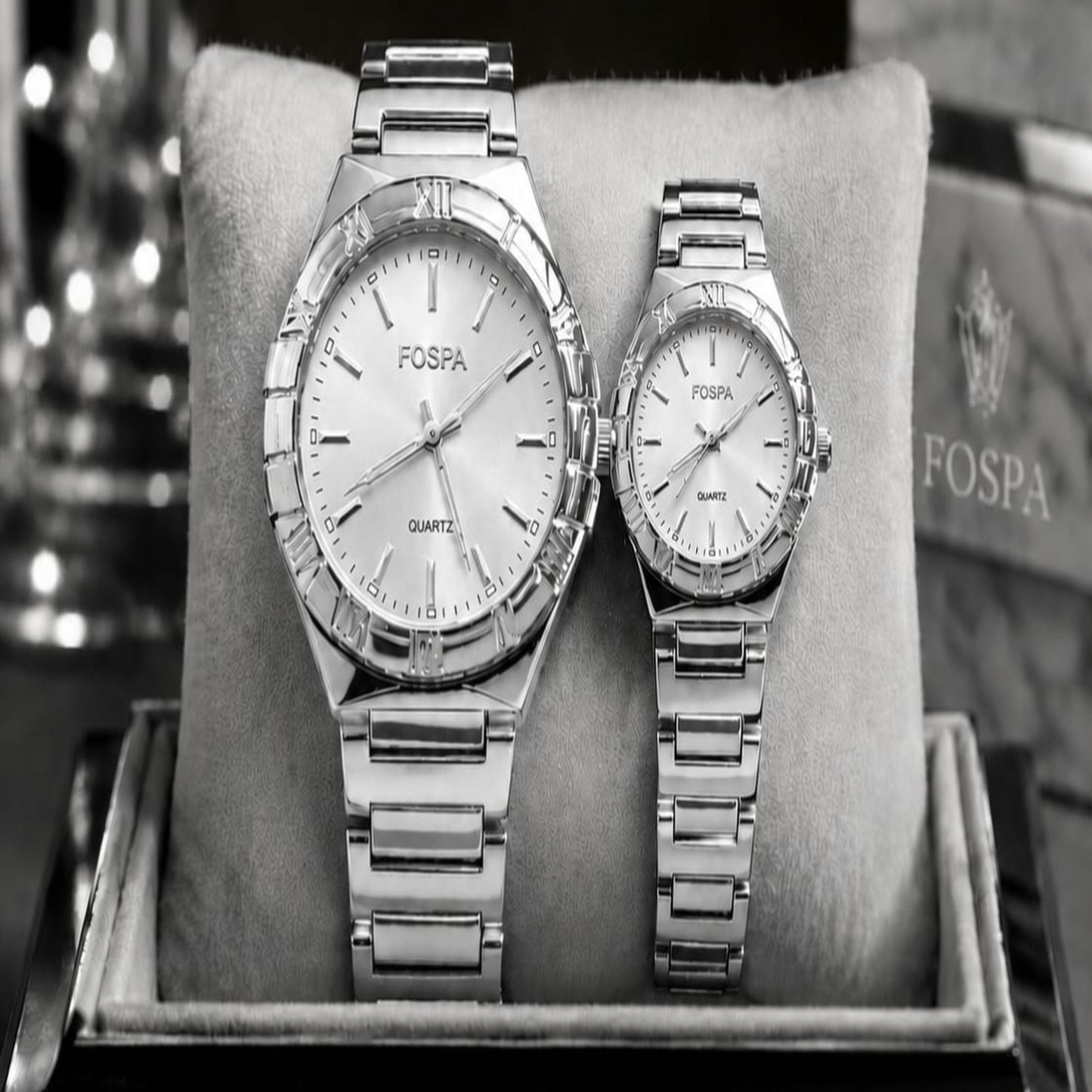 FOSPA Classic Silver Couple Watches – Premium Metallic Pair Set