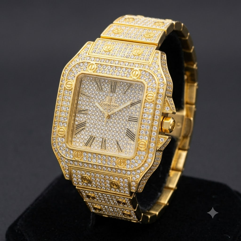 Luxury Gold Iced-Out Full Diamond Watch for Men ā Square Roman Dial Quartz | Zeenora Pakistan