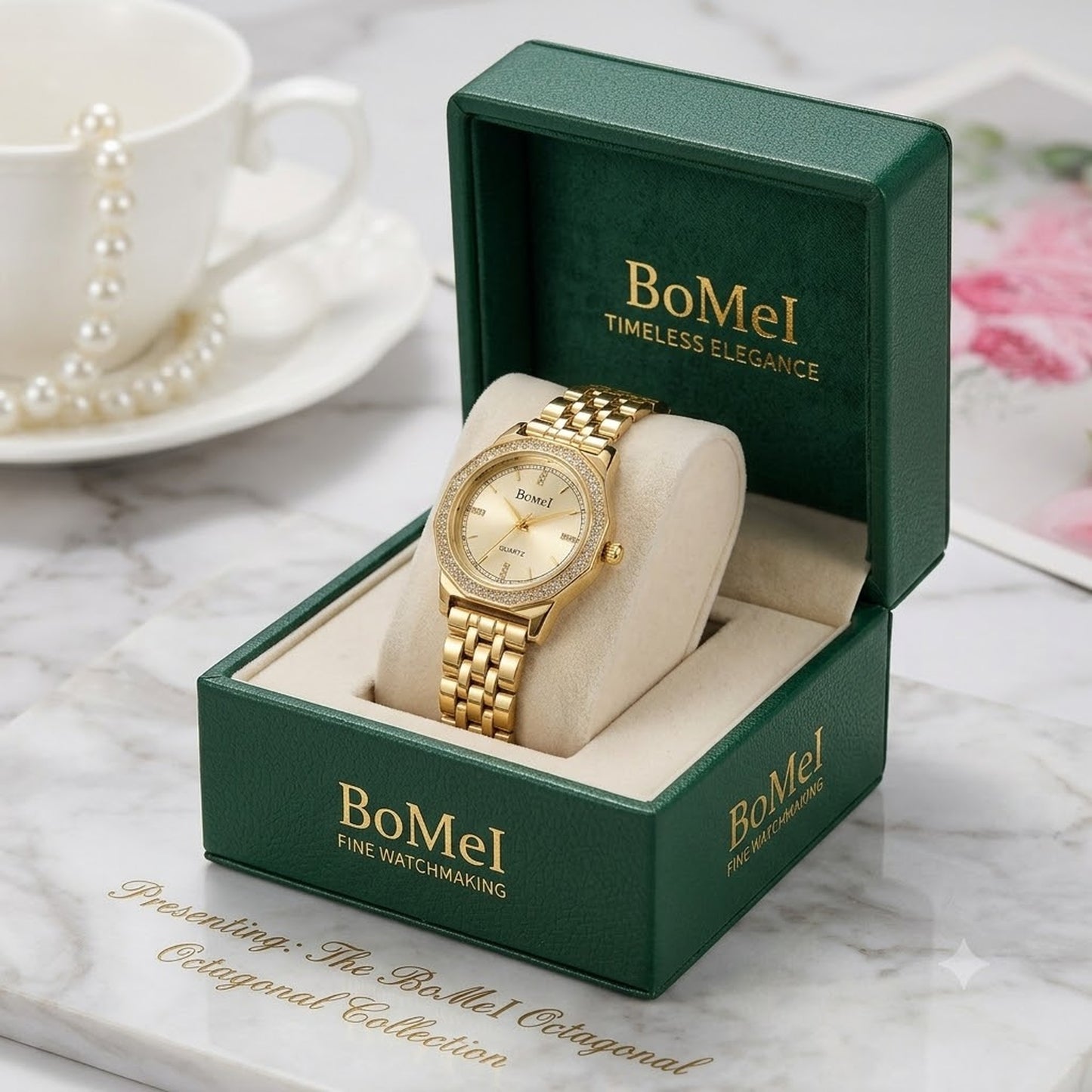 BomeI Luxury Golden Quartz Watch for Women – Elegant Rhinestone Bezel Ladies Wristwatch