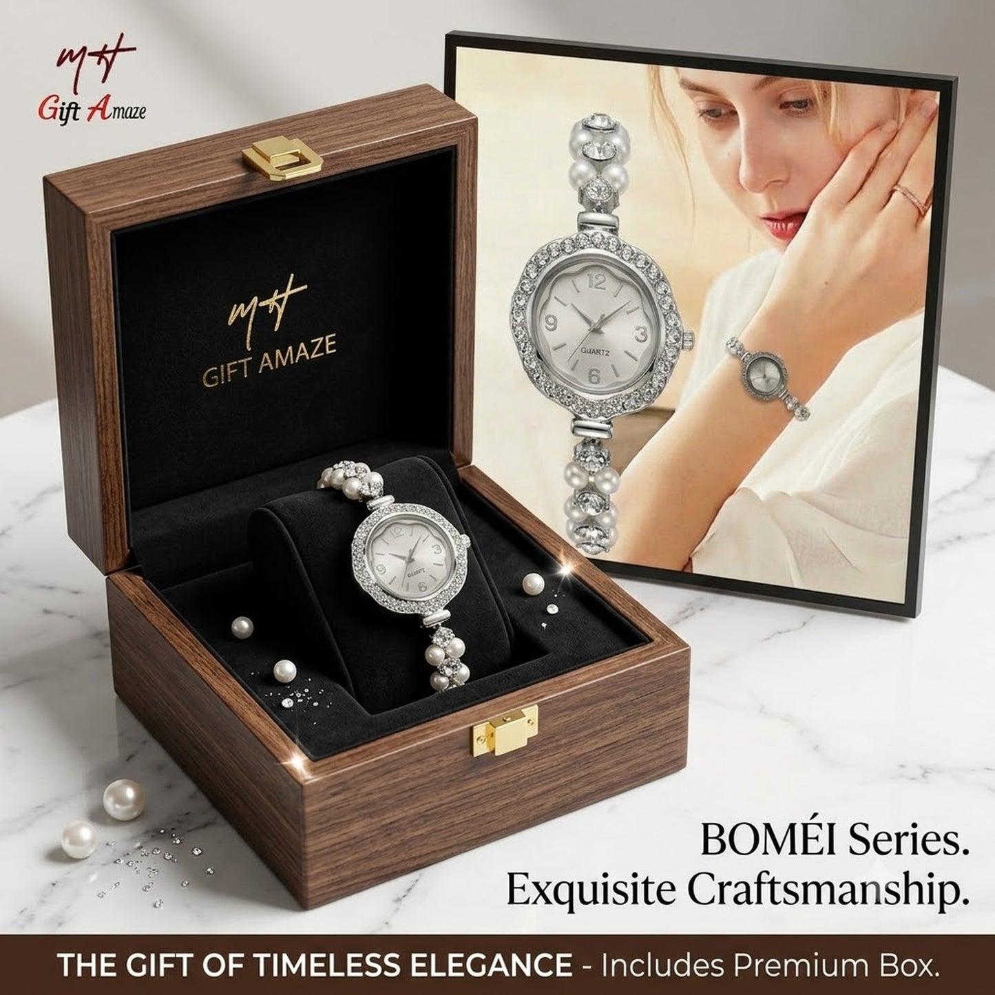 Elegant Women’s Quartz Bracelet Watch with Pearl & Crystal Accents