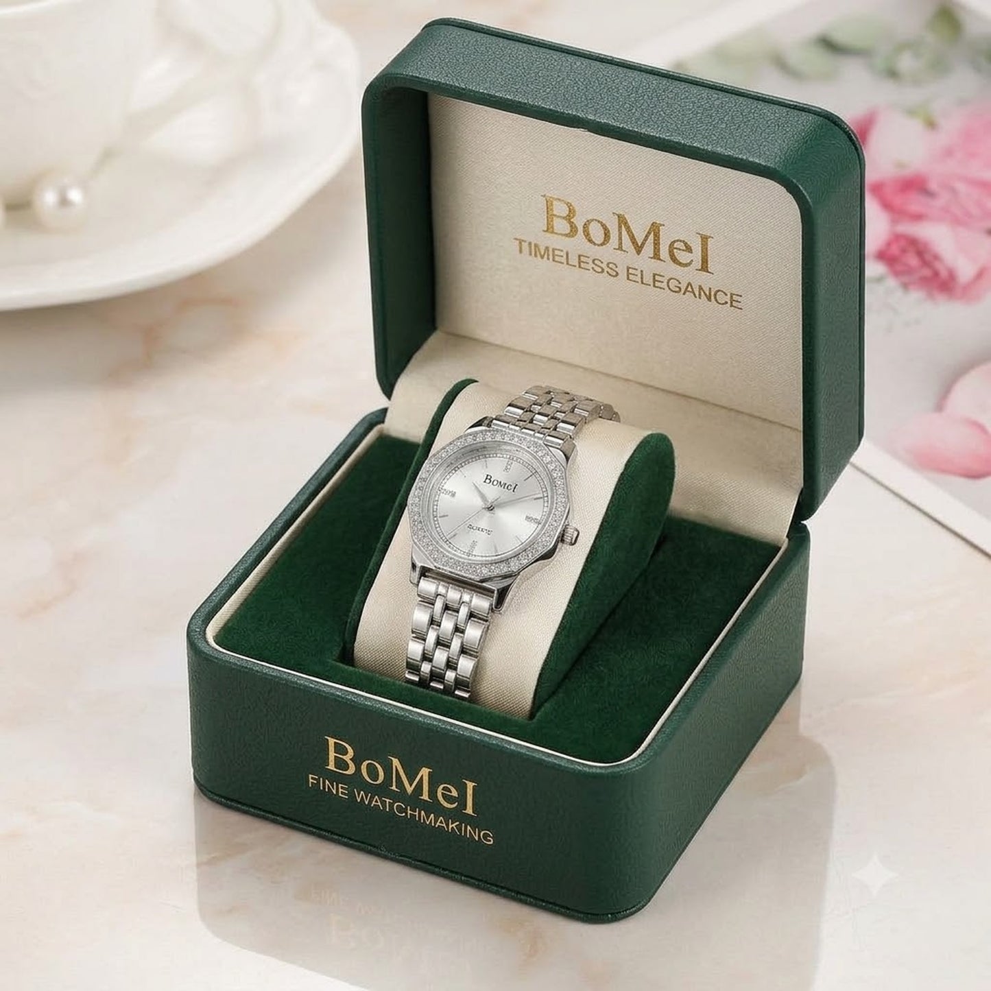 BomeI Luxury Silver Quartz Watch for Women – Classic Metallic Rhinestone Ladies Watch