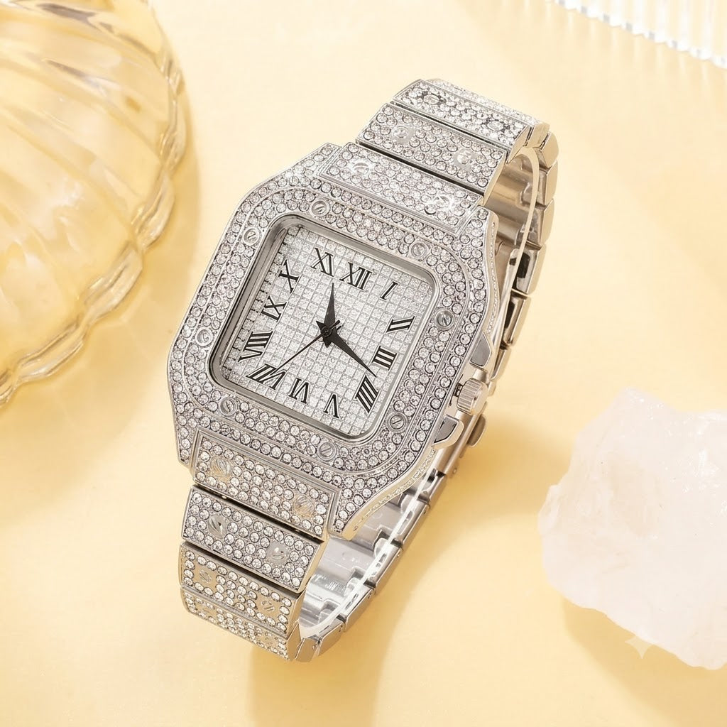Luxury Silver Iced-Out Full Diamond Watch for Men – Square Roman Dial Quartz | Zeenora Pakistan