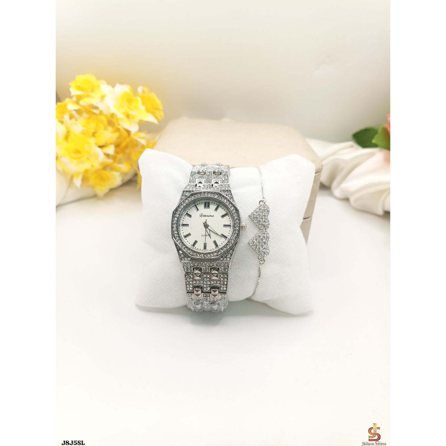 Elegant Diamond-Studded Silver Watch & Bracelet Combo – Perfect Gift Set 🎁