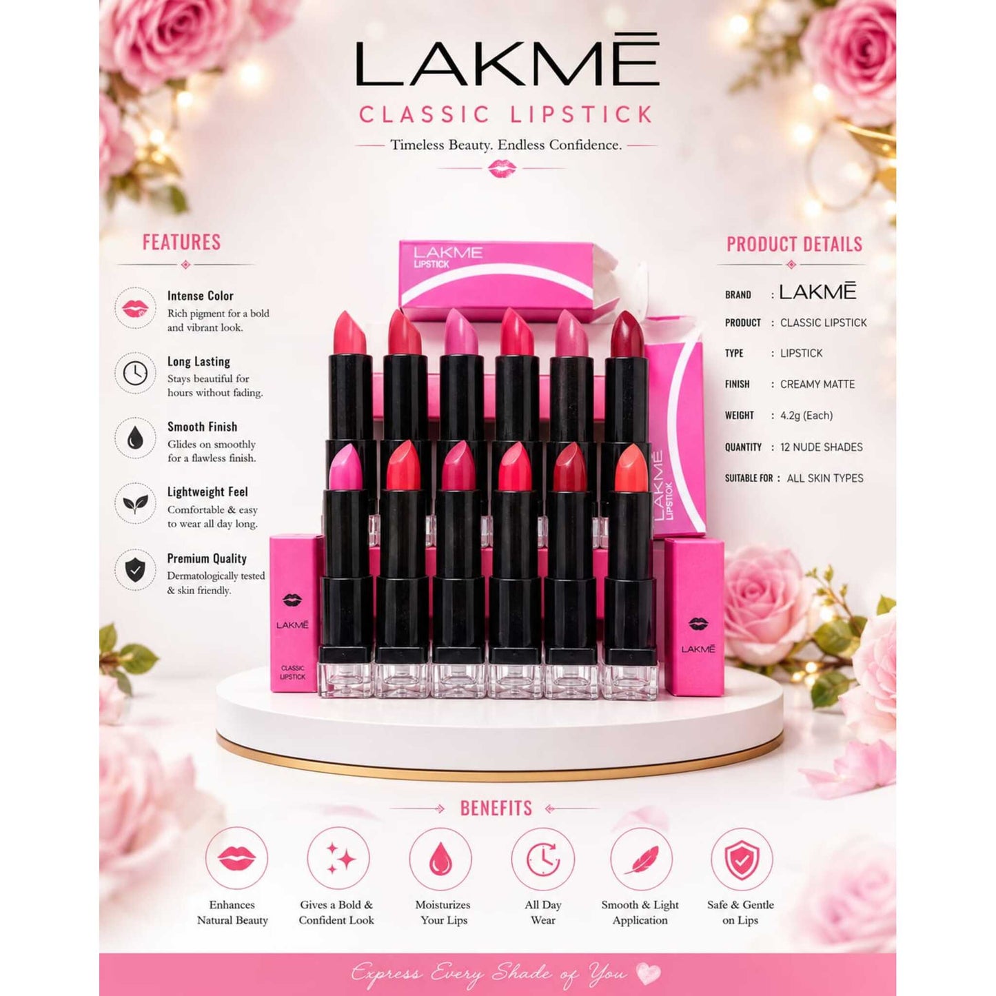 Lakme Classic Lipstick Set of 12 Nude & Vibrant Shades