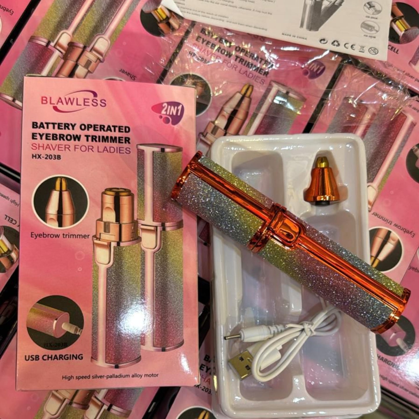 2-in-1 Ladies Eyebrow Trimmer & Face Shaver - Glitter Rainbow Design (USB Rechargeable)