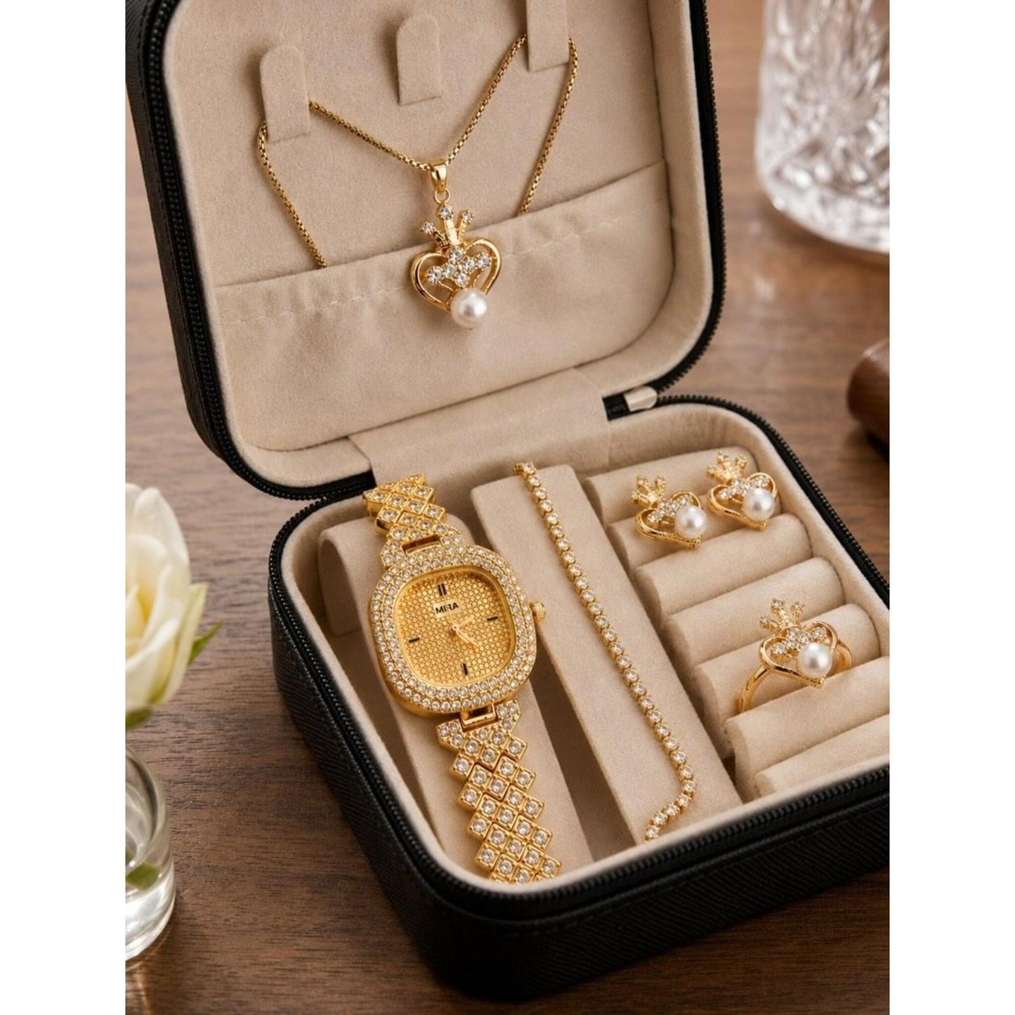 Luxury Rose Gold Watch & Pearl Jewelry Gift Set (5-Piece Combo with Box) ✨