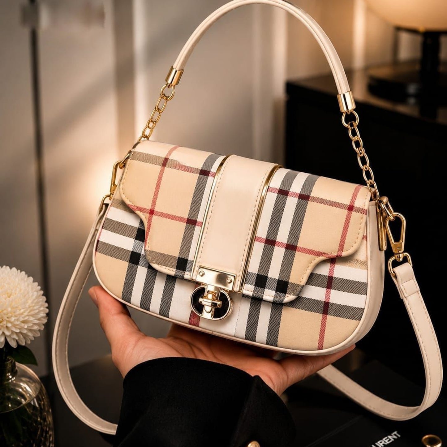 Premium Ladies Checkered Sling Bag - Elegant Classic Plaid Handbag (Brown & Beige)