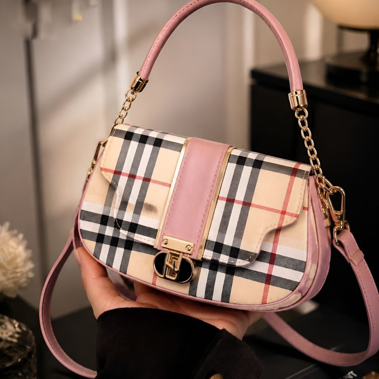 Premium Ladies Checkered Sling Bag - Elegant Classic Plaid Handbag (Brown & Beige)