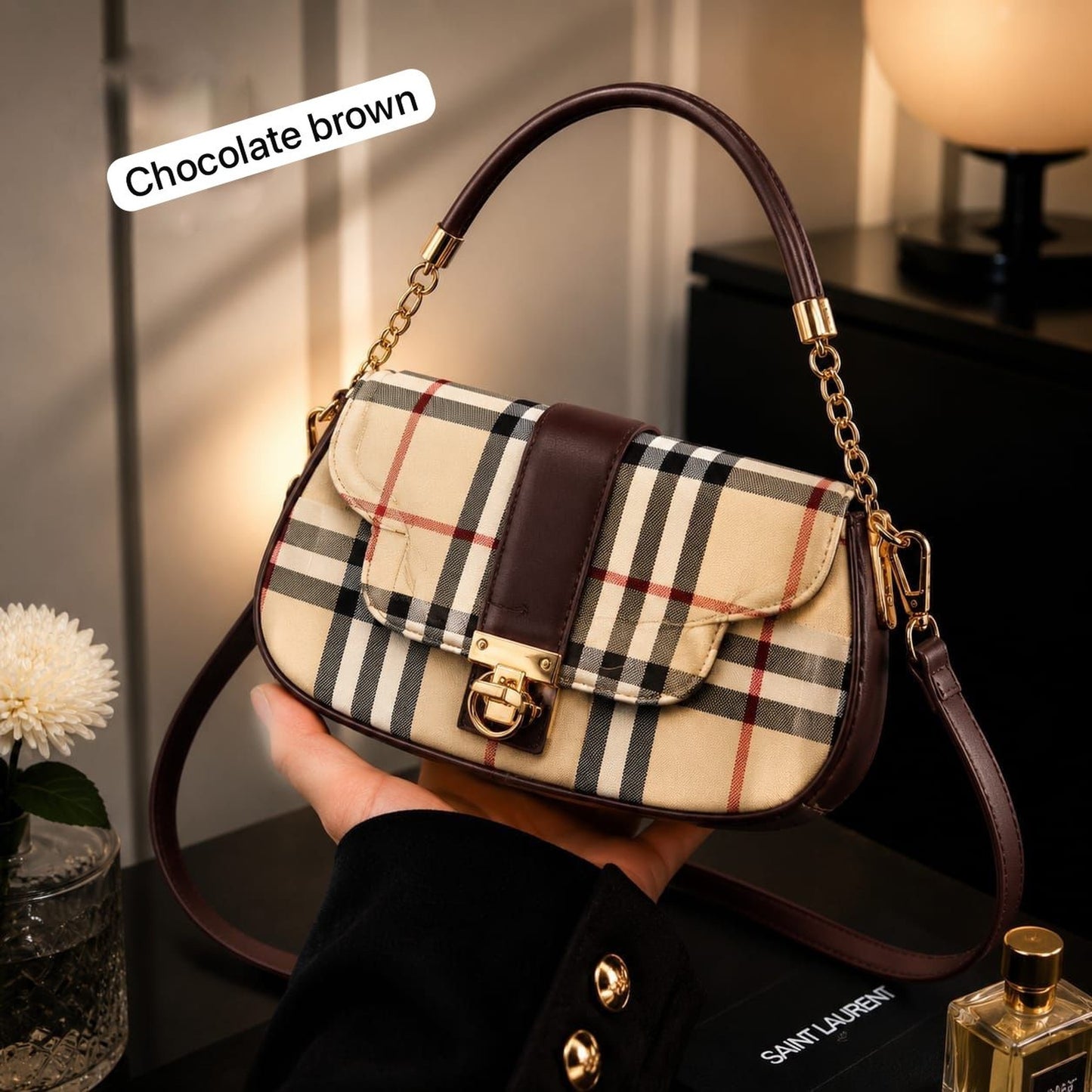 Premium Ladies Checkered Sling Bag - Elegant Classic Plaid Handbag (Brown & Beige)