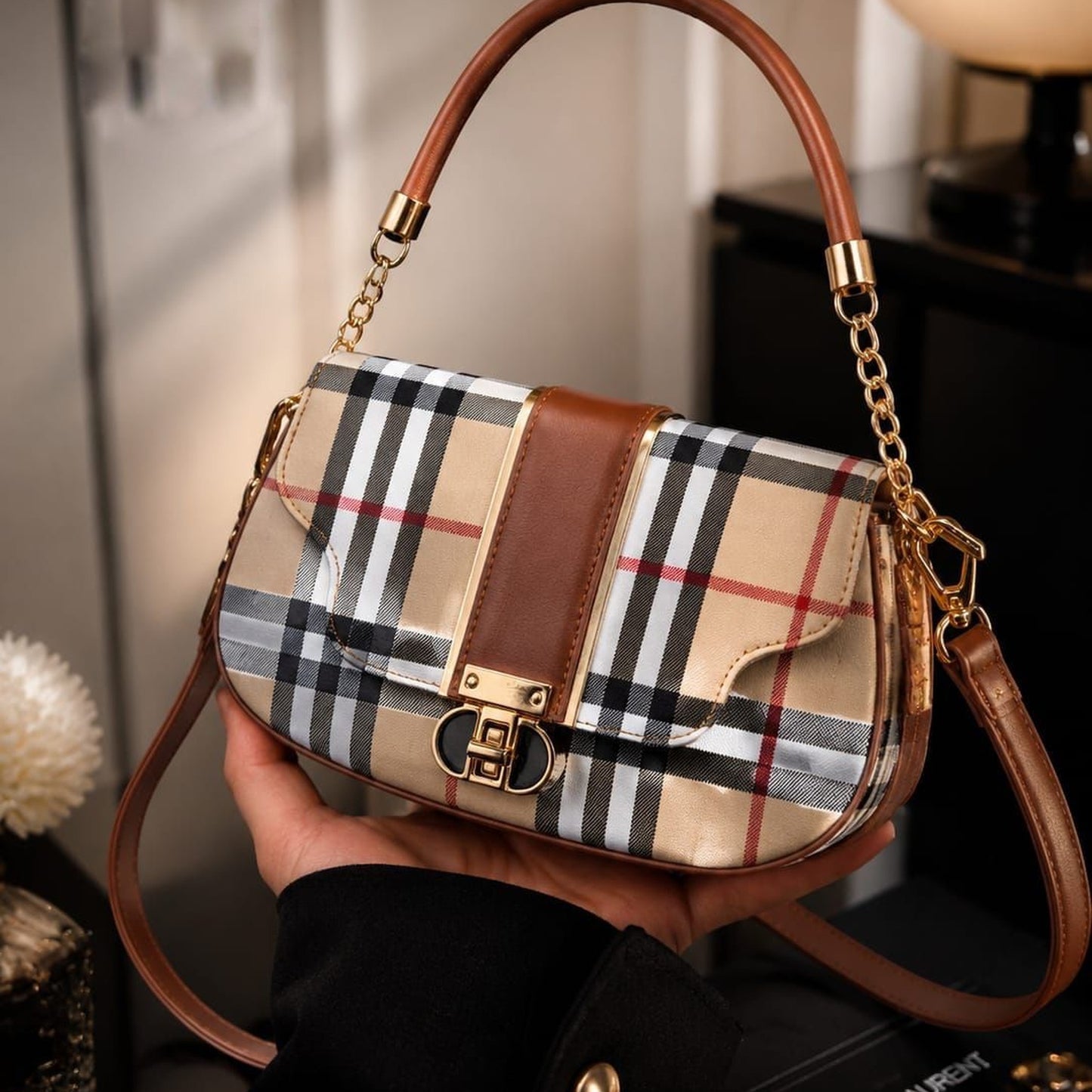 Premium Ladies Checkered Sling Bag - Elegant Classic Plaid Handbag (Brown & Beige)