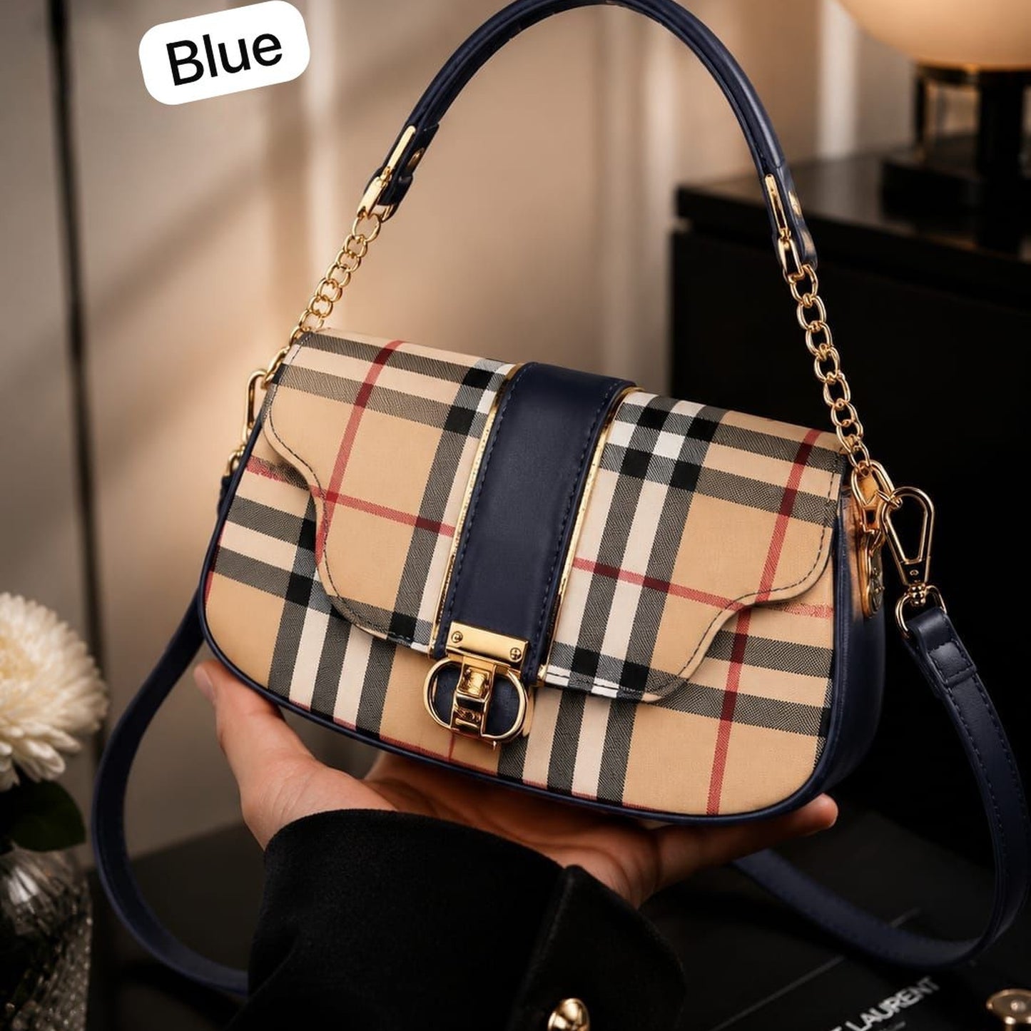 Premium Ladies Checkered Sling Bag - Elegant Classic Plaid Handbag (Brown & Beige)