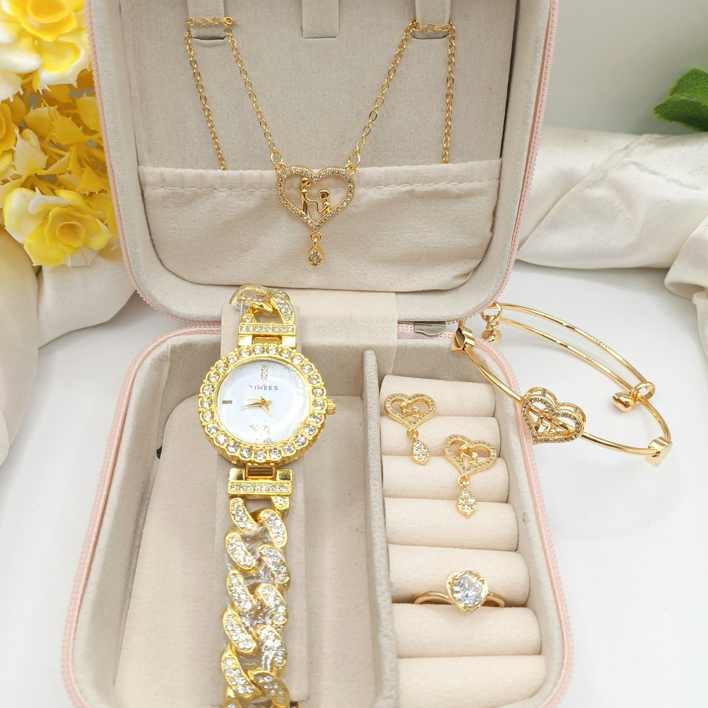 Elegant 5-Piece Ladies Gold Jewelry & Watch Set - Perfect Wedding, Anniversary & Birthday Gift for Her