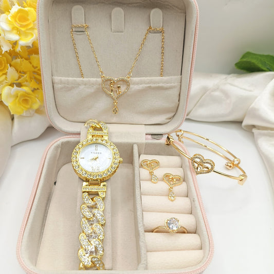 Elegant 5-Piece Ladies Gold Jewelry & Watch Set - Perfect Wedding, Anniversary & Birthday Gift for Her