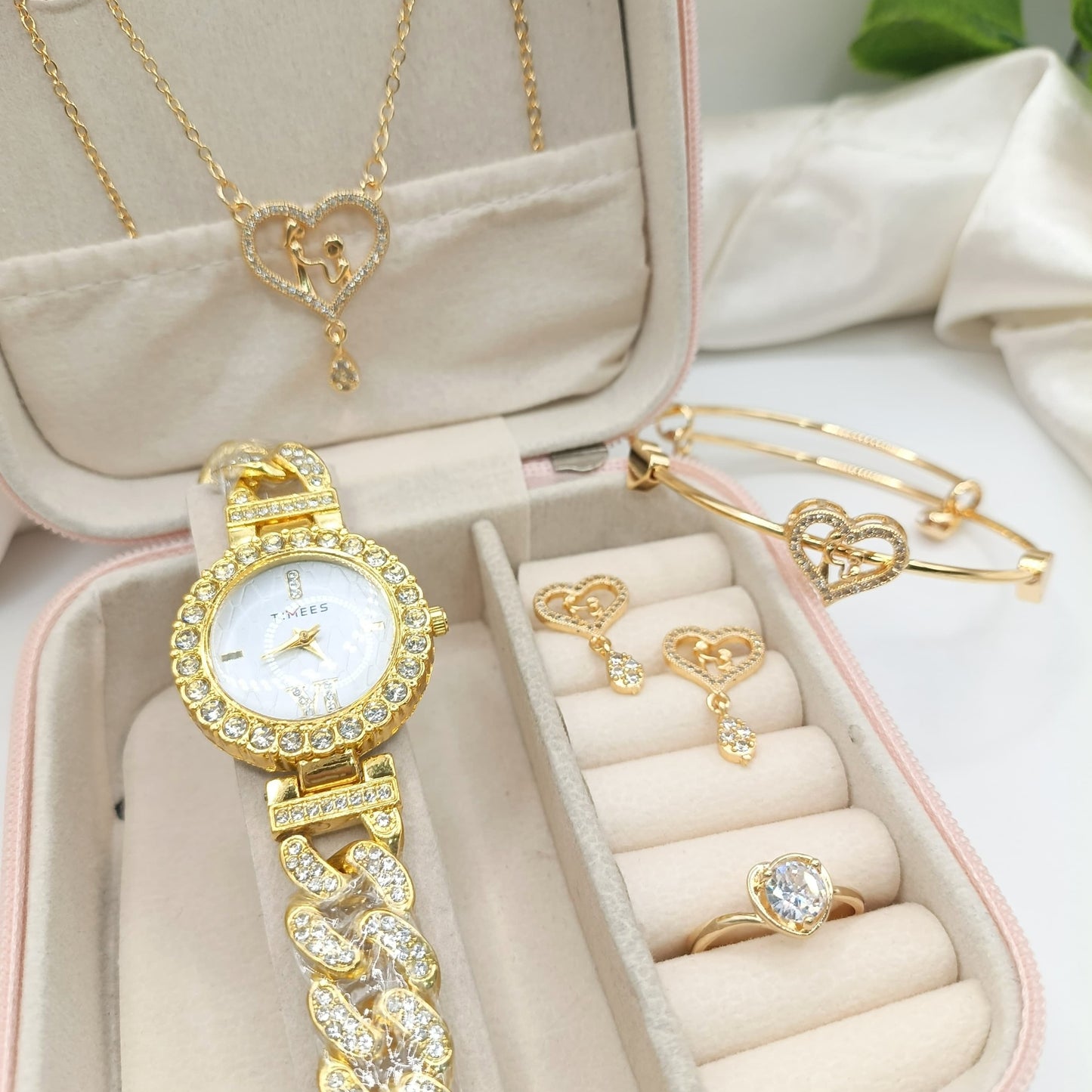 Elegant 5-Piece Ladies Gold Jewelry & Watch Set - Perfect Wedding, Anniversary & Birthday Gift for Her