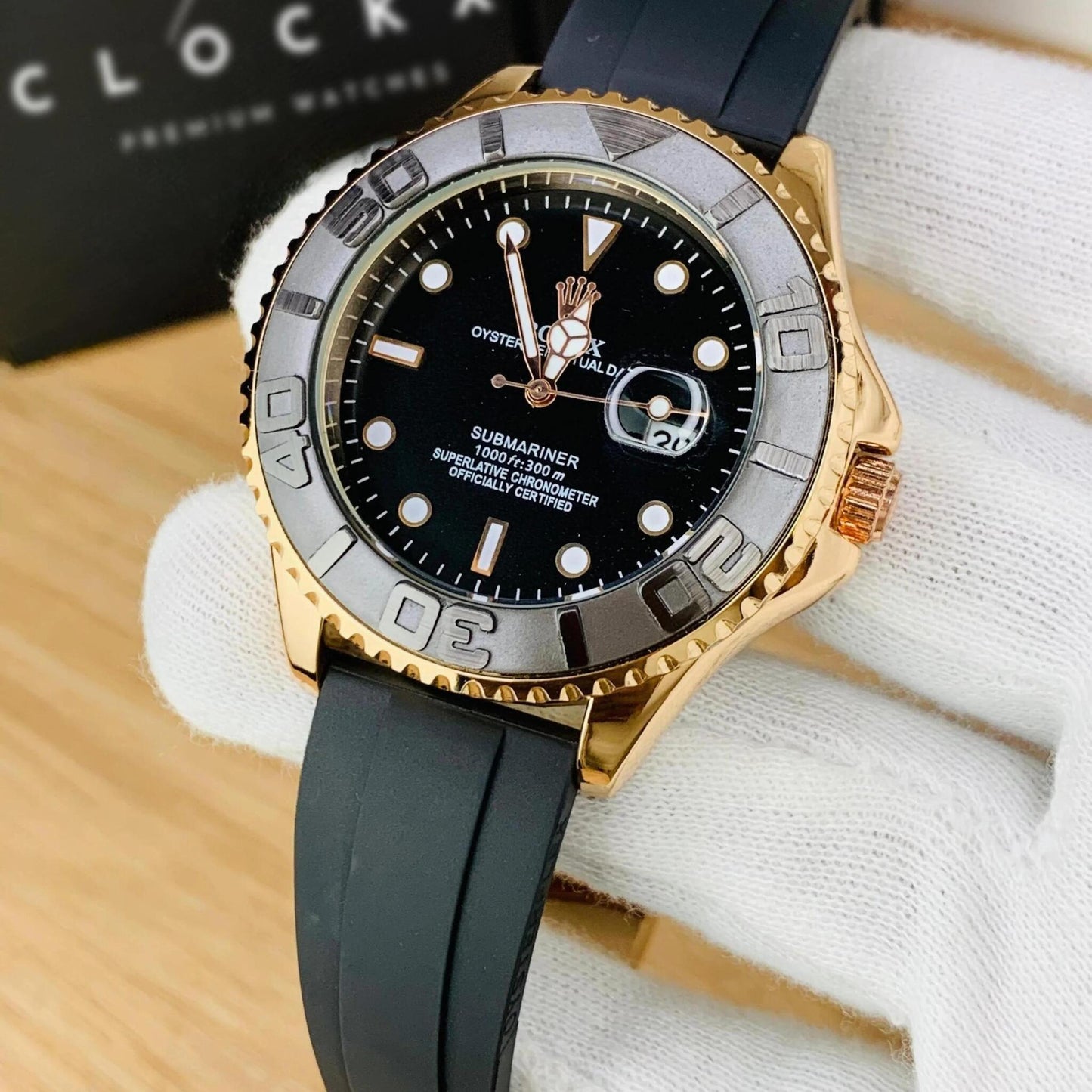 Luxury Rolex Submariner Rose Gold Case with Black Dial & Rubber Strap