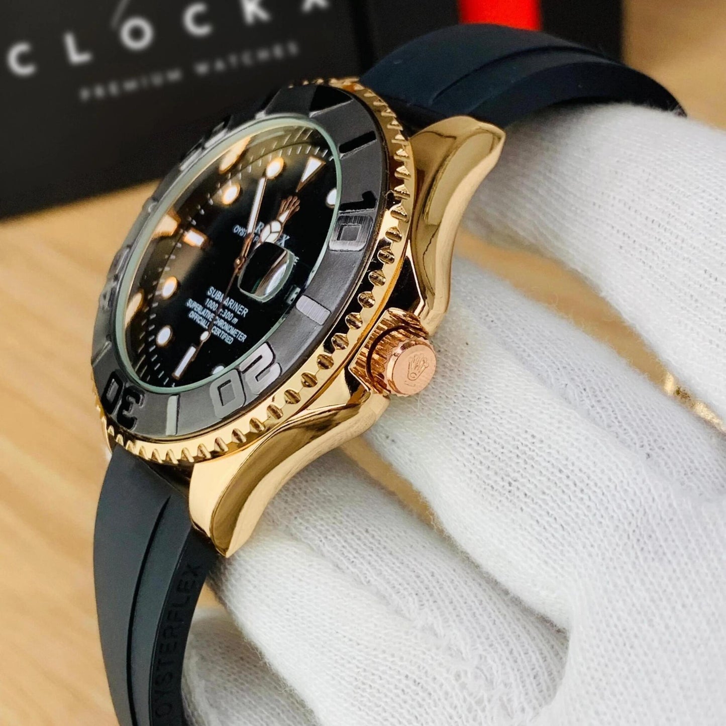 Luxury Rolex Submariner Rose Gold Case with Black Dial & Rubber Strap
