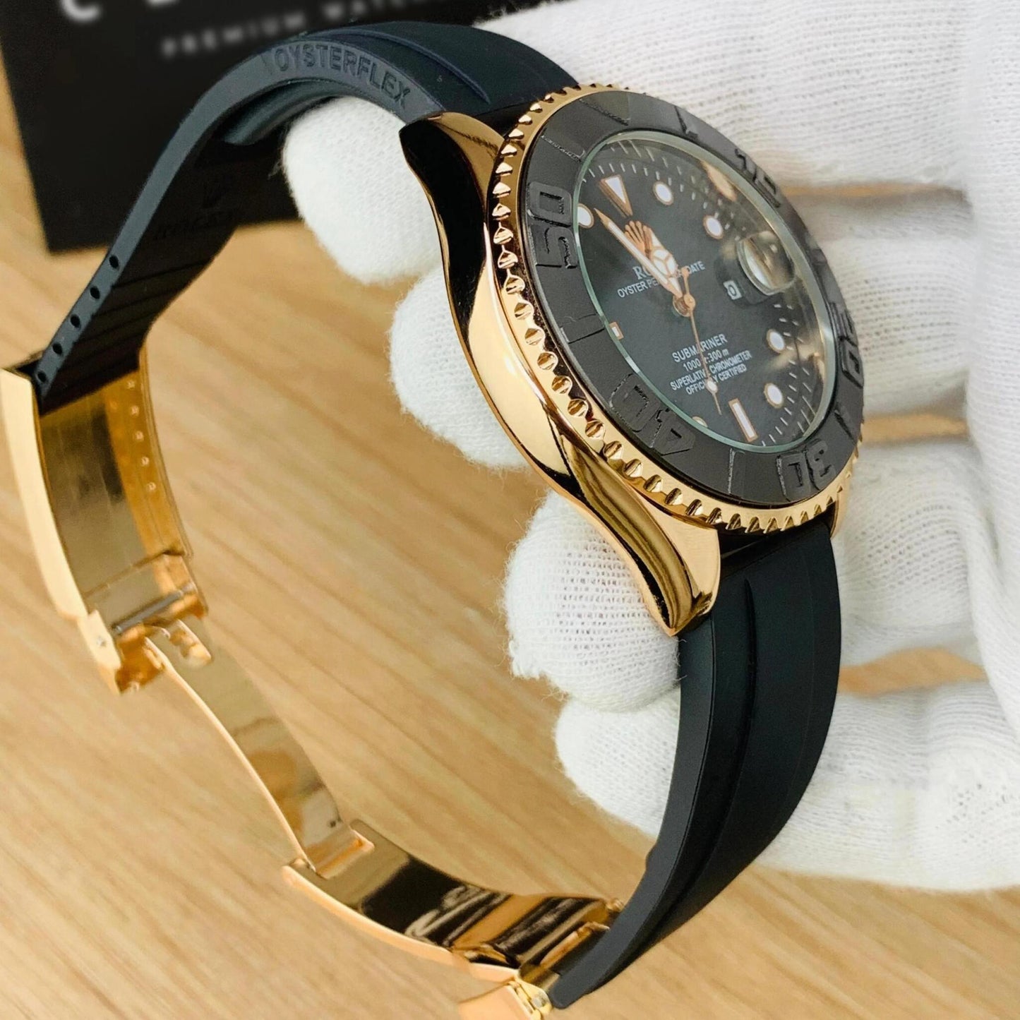 Luxury Rolex Submariner Rose Gold Case with Black Dial & Rubber Strap