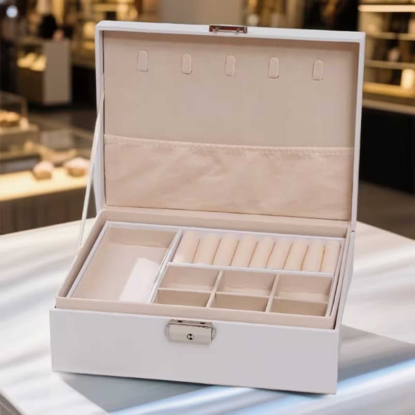 Premium Double-Layer Leather Jewelry Box | Luxury Jewelry Organizer with Lock