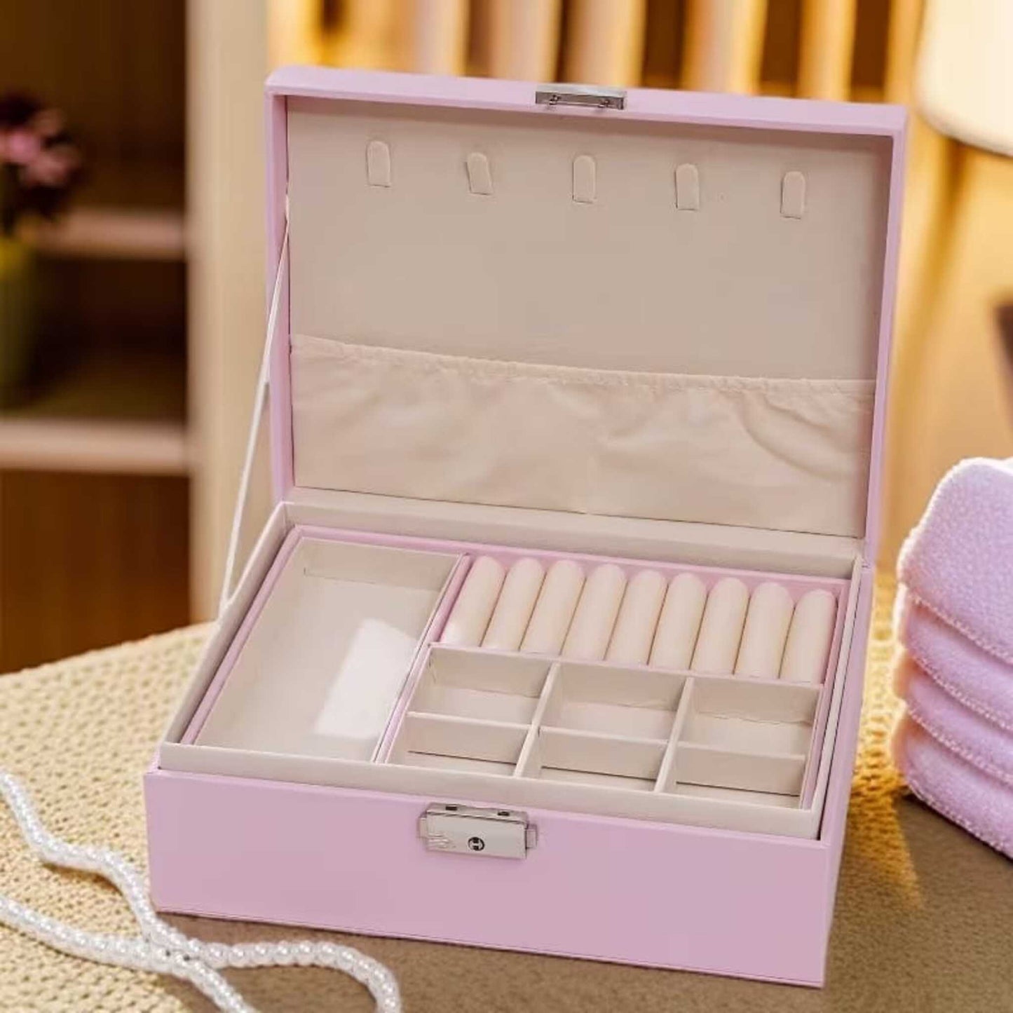 Premium Double-Layer Leather Jewelry Box | Luxury Jewelry Organizer with Lock