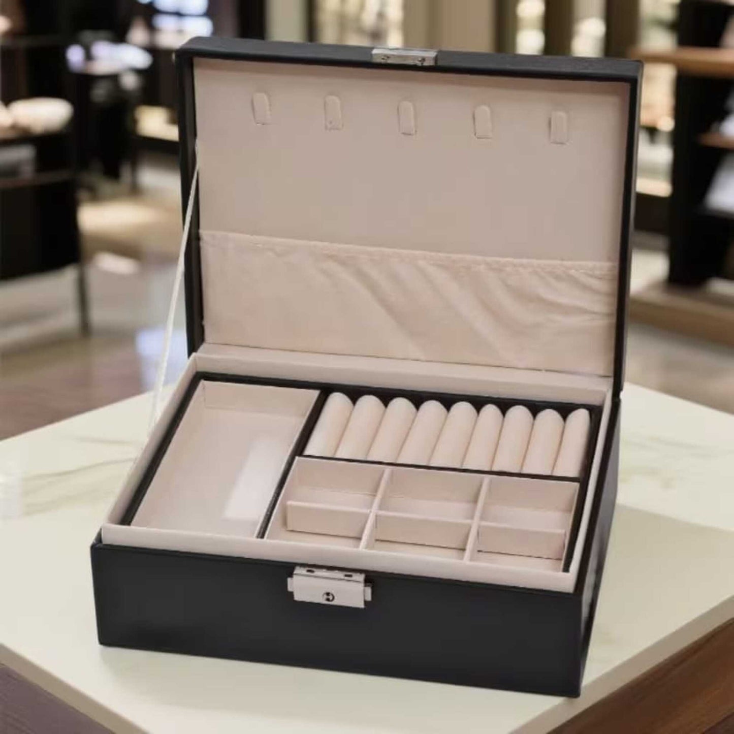 Premium Double-Layer Leather Jewelry Box | Luxury Jewelry Organizer with Lock
