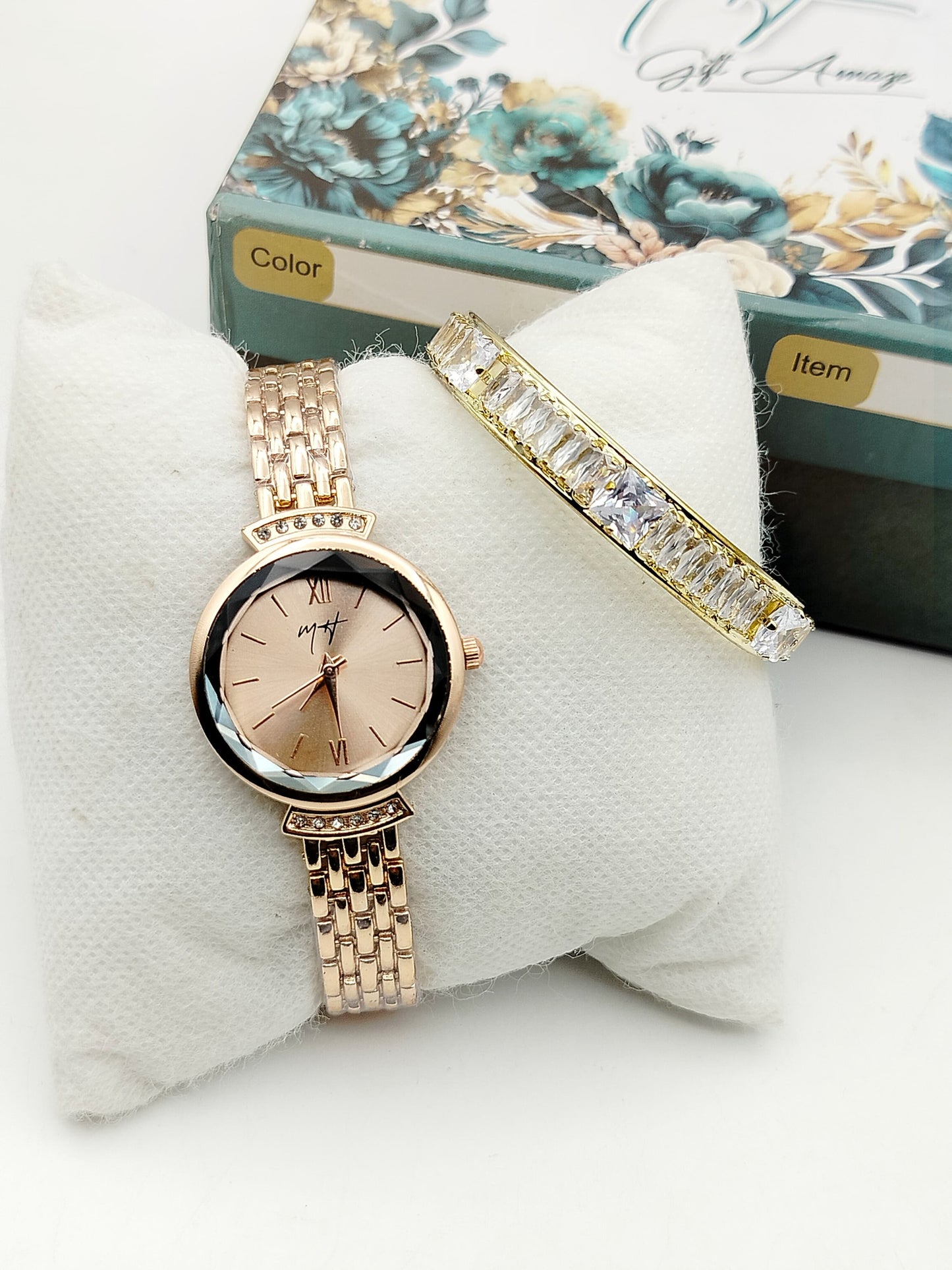 Elegant Rose Gold Women's Watch & Crystal Bracelet Gift Set | Zeenora
