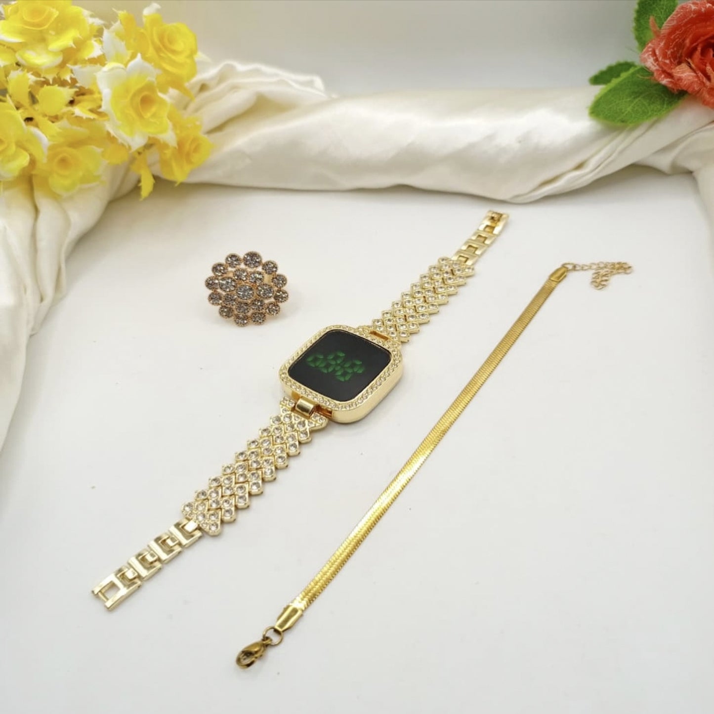Gold Digital Watch & Statement Floral Ring Gift Set | Zeenora