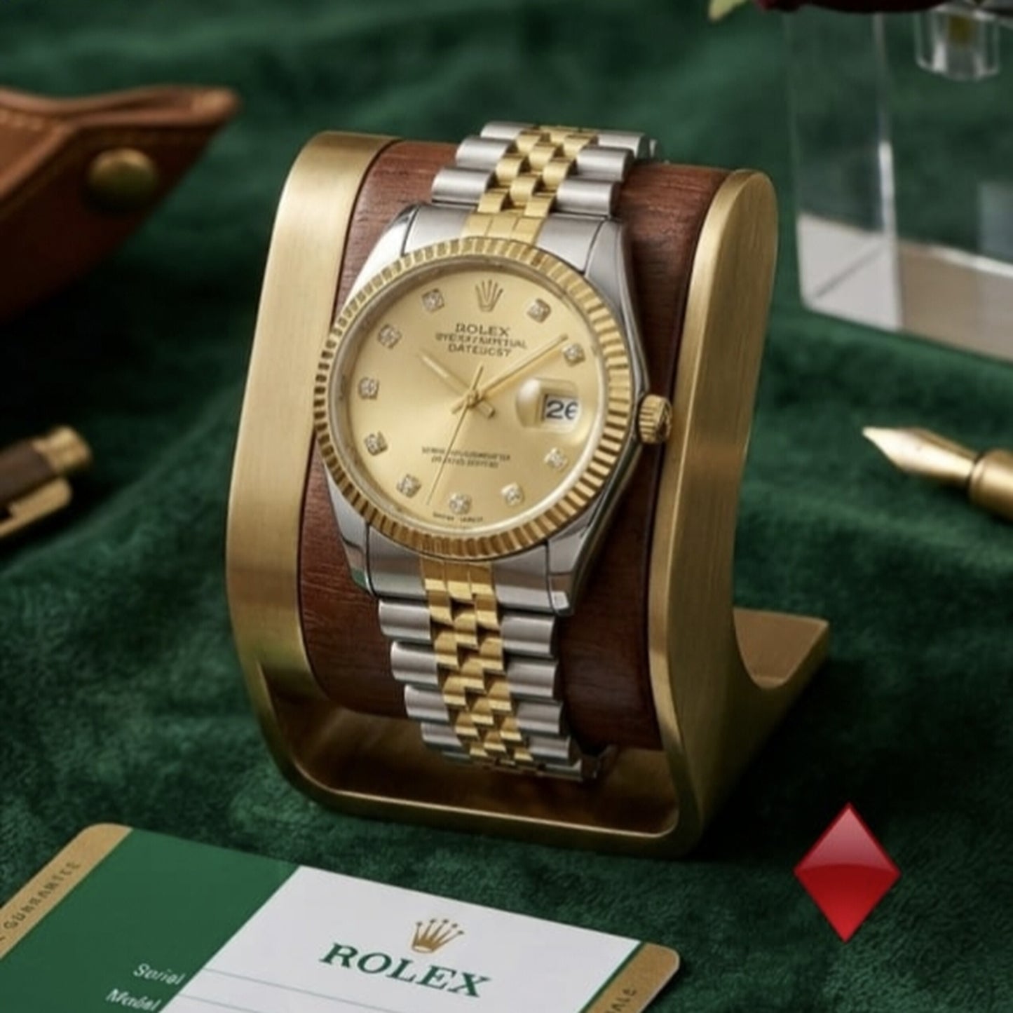 Elegant Rolex Datejust Watch with Wooden Display Stand | Zeenora