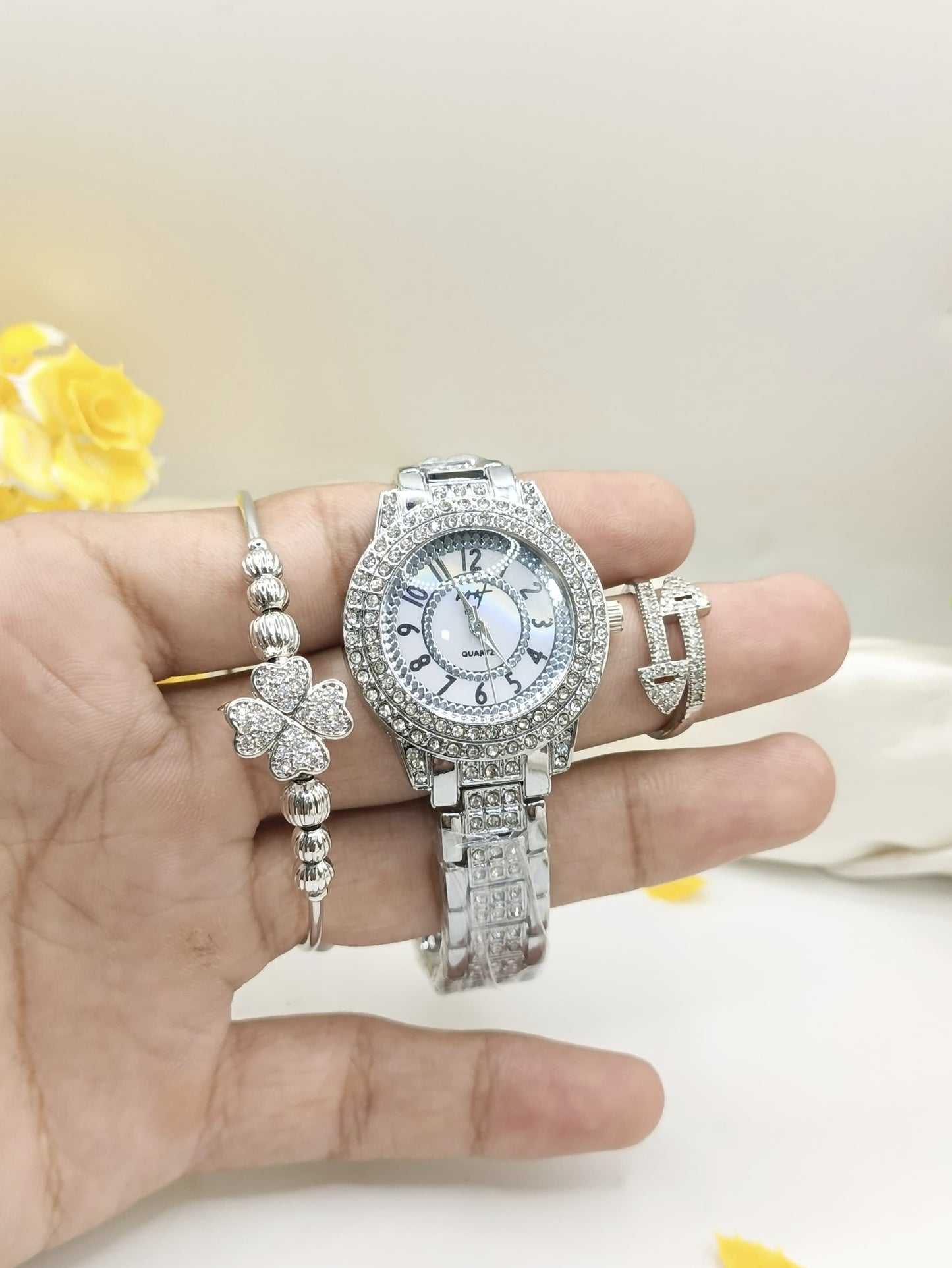 Silver Ladies Watch Set with Clover Bracelet & Ring – Zeenora