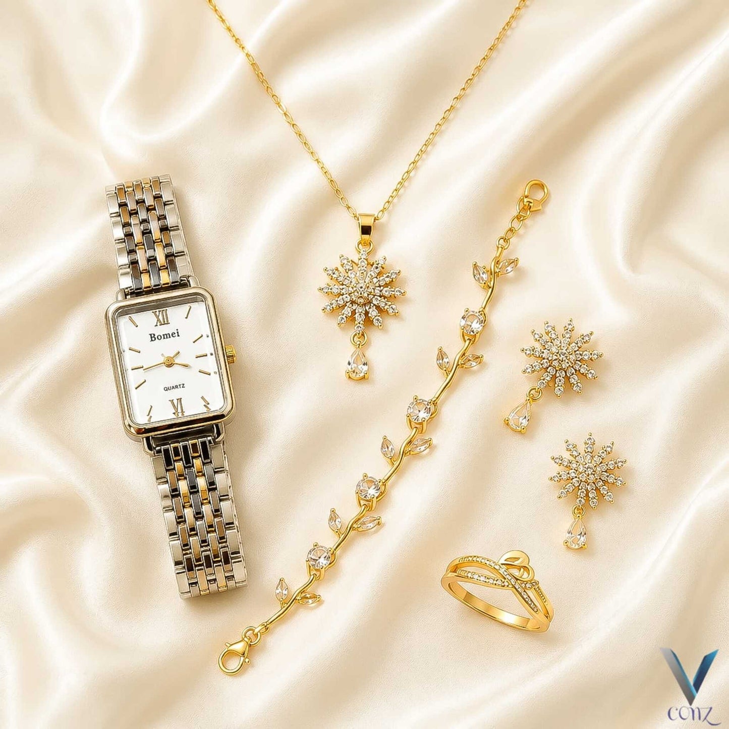 Luxury 5-Piece Golden Watch & Jewelry Set for Women | Crystal Floral Edition | Perfect Gift