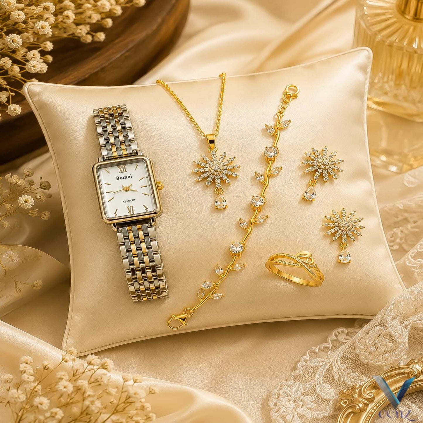 Luxury 5-Piece Golden Watch & Jewelry Set for Women | Crystal Floral Edition | Perfect Gift