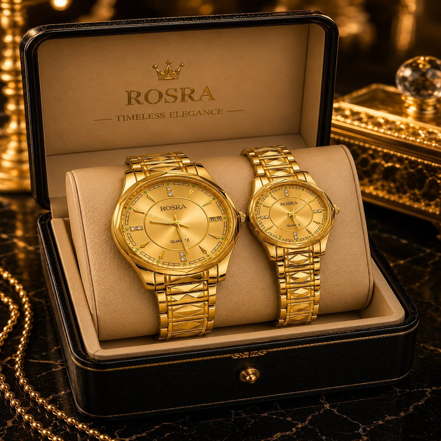 ROSRA Couple Watch Set – Full Gold Dial Quartz | Timeless Elegance Gift Box | Zeenora Pakistan