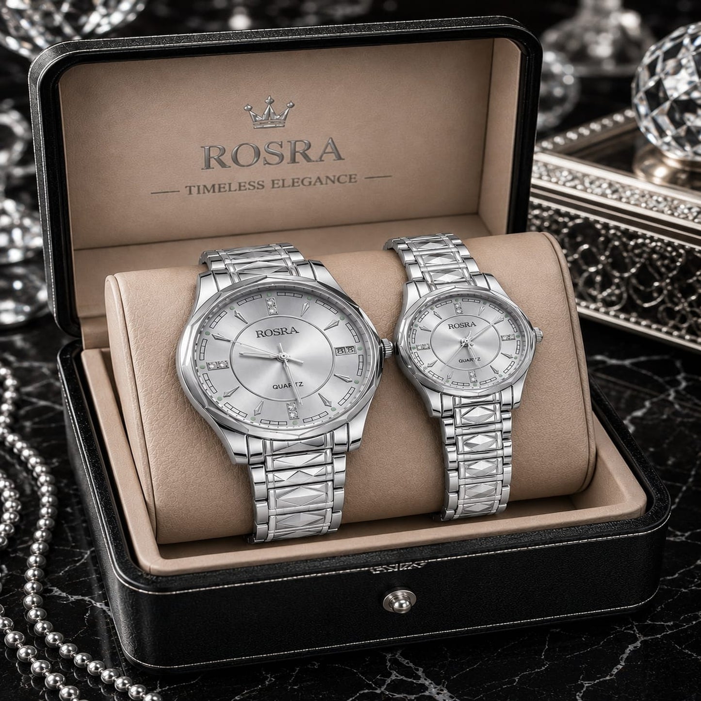 ROSRA Couple Watch Set – Silver White Dial Quartz | Timeless Elegance Gift Box | Zeenora Pakistan
