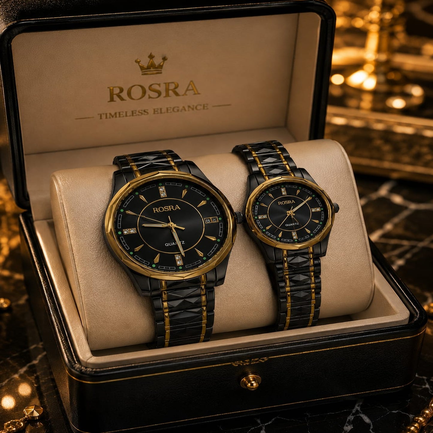 ROSRA Couple Watch Set – Matte Black Dial Gold Accents Quartz | Gift Box | Zeenora Pakistan
