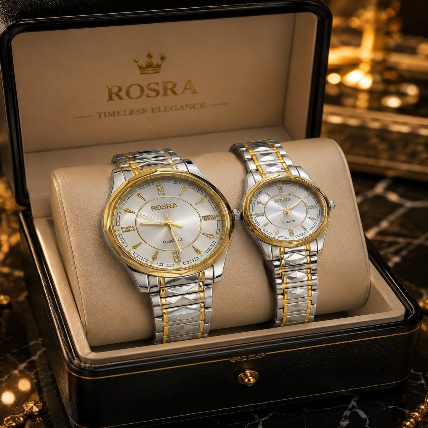 ROSRA Couple Watch Set – Silver Gold Two-Tone White Dial Quartz | Gift Box | Zeenora Pakistan