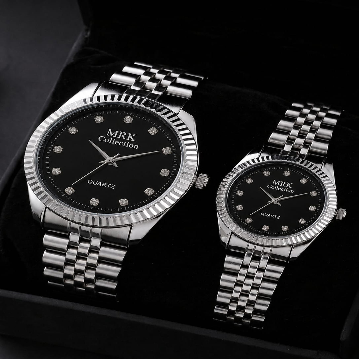 MRK Collection Couple Watch Set – Bold Black Dial Quartz | His & Hers Gift Box | Zeenora Pakistan