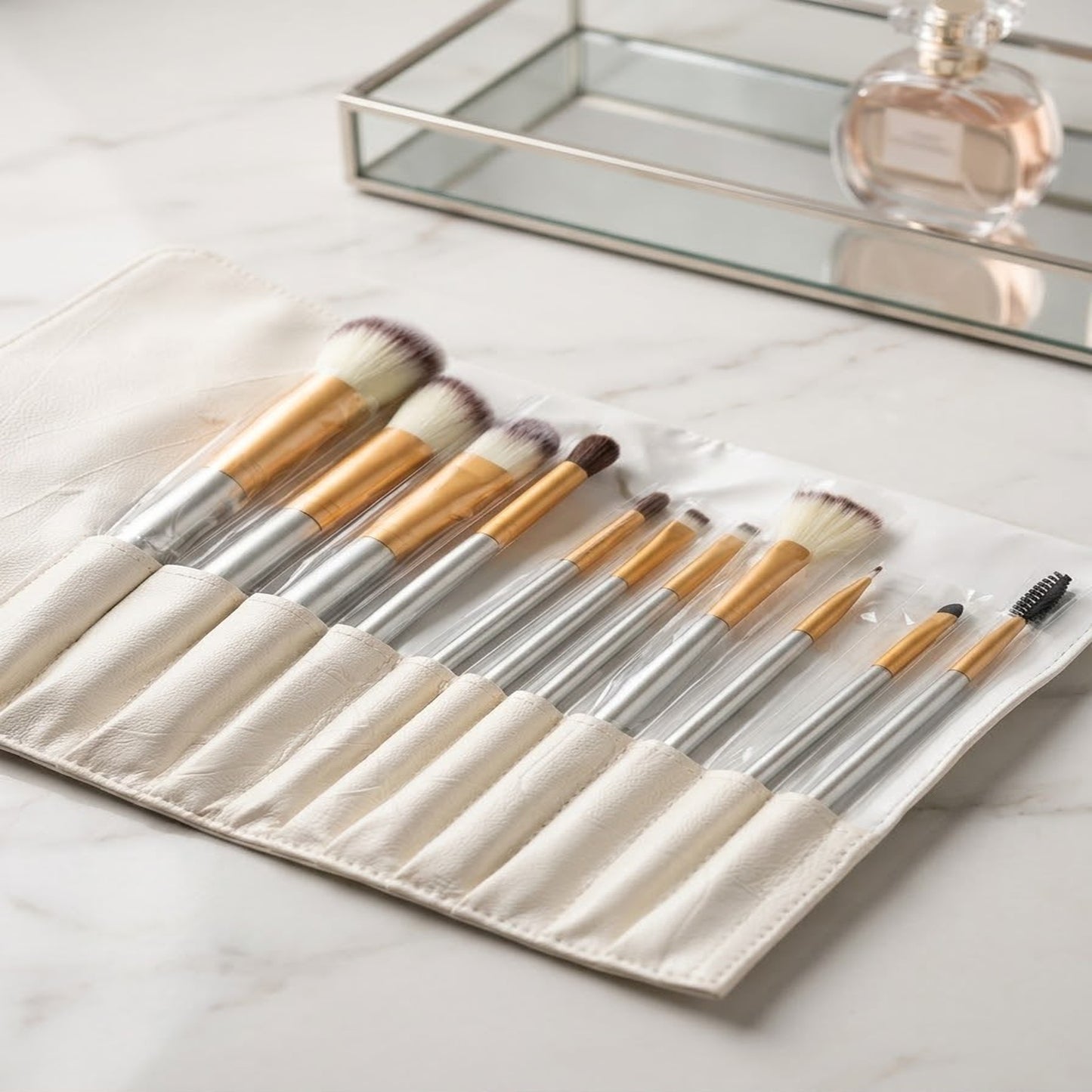 Premium 10-Piece Professional Makeup Brush Set with Luxury Leather Pouch