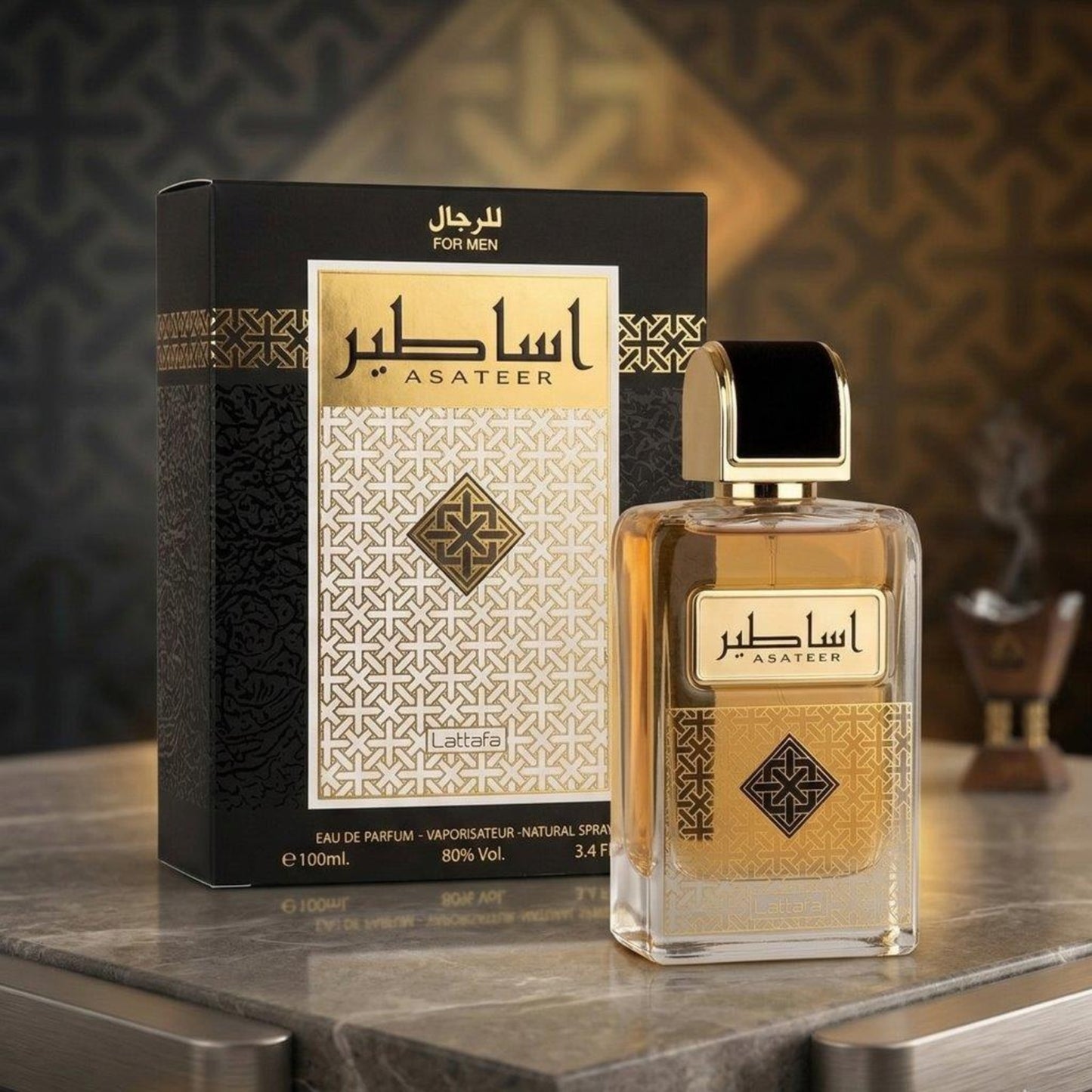 Asateer by Lattafa – Arabic Luxury Perfume with Gold Accents & Elegant Marble Setup