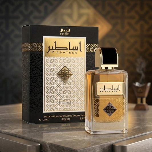 Asateer by Lattafa – Arabic Luxury Perfume with Gold Accents & Elegant Marble Setup