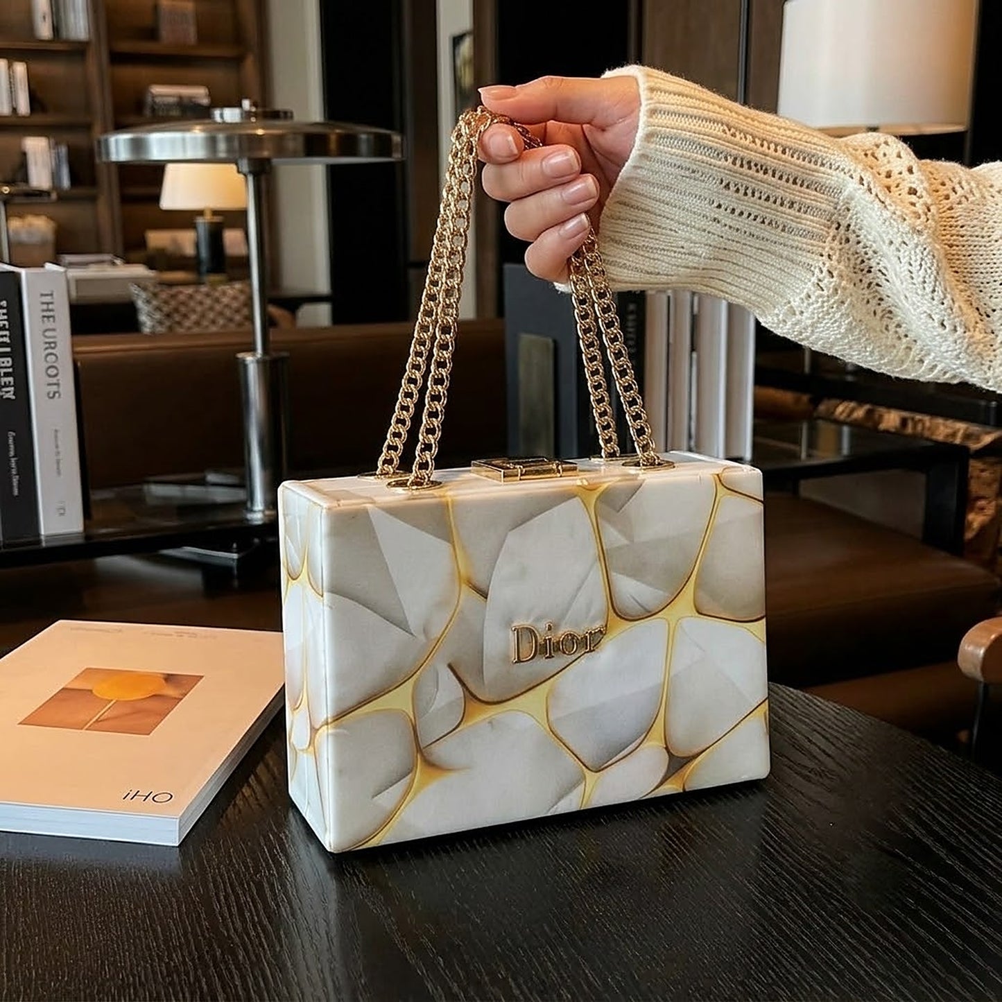 Marble-Pattern hand Bags with Gold Chain Strap