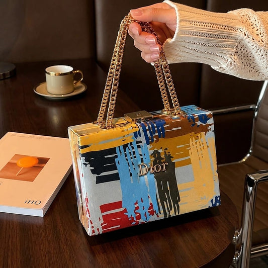 Marble-Pattern hand Bags with Gold Chain Strap