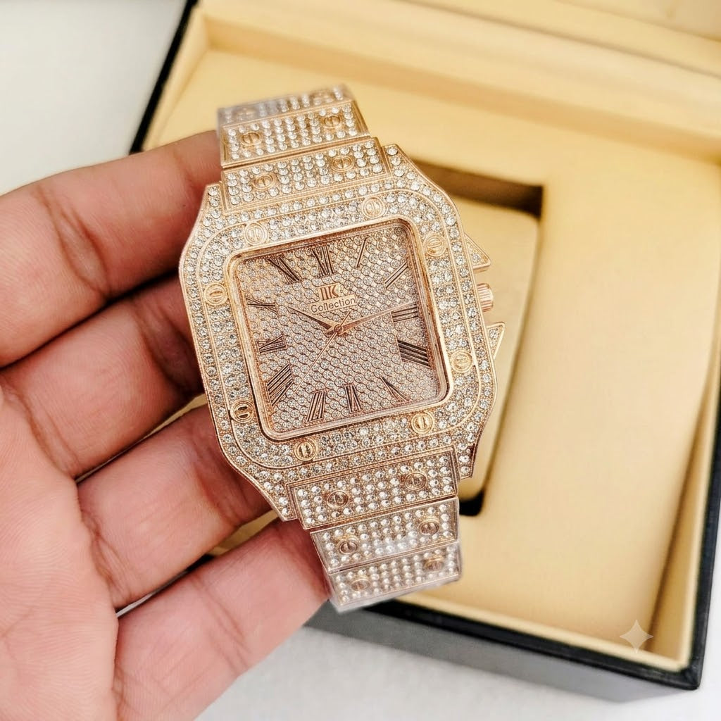 Luxury Rose Gold Iced-Out Diamond Watch for Men | Square Roman Dial – Zeenora Pakistan