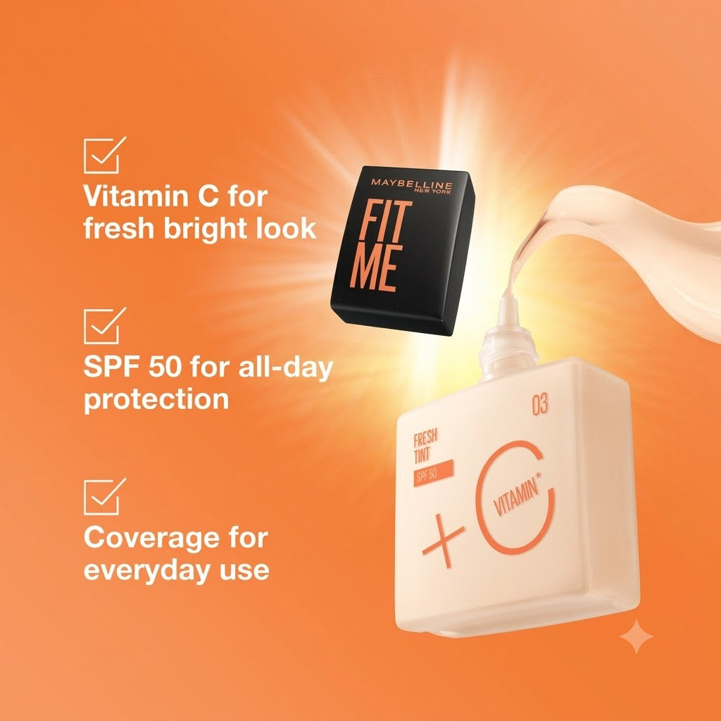 Maybelline Fit Me Fresh Liquid Foundation With Vitamin C & SPF 50 - Shade 2.5, 03, 05  (30ml)