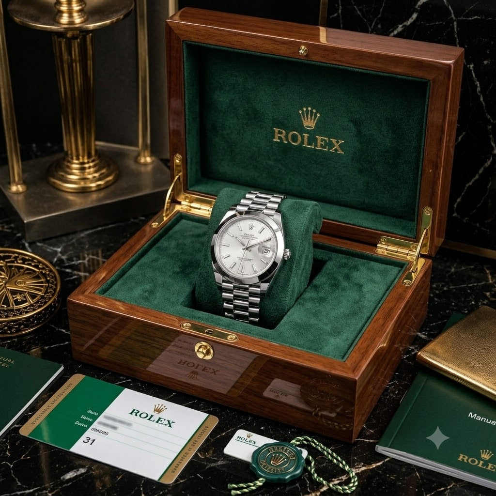 Classic Rolex Datejust Silver Dial – Premium High-Gloss Wooden Box Edition